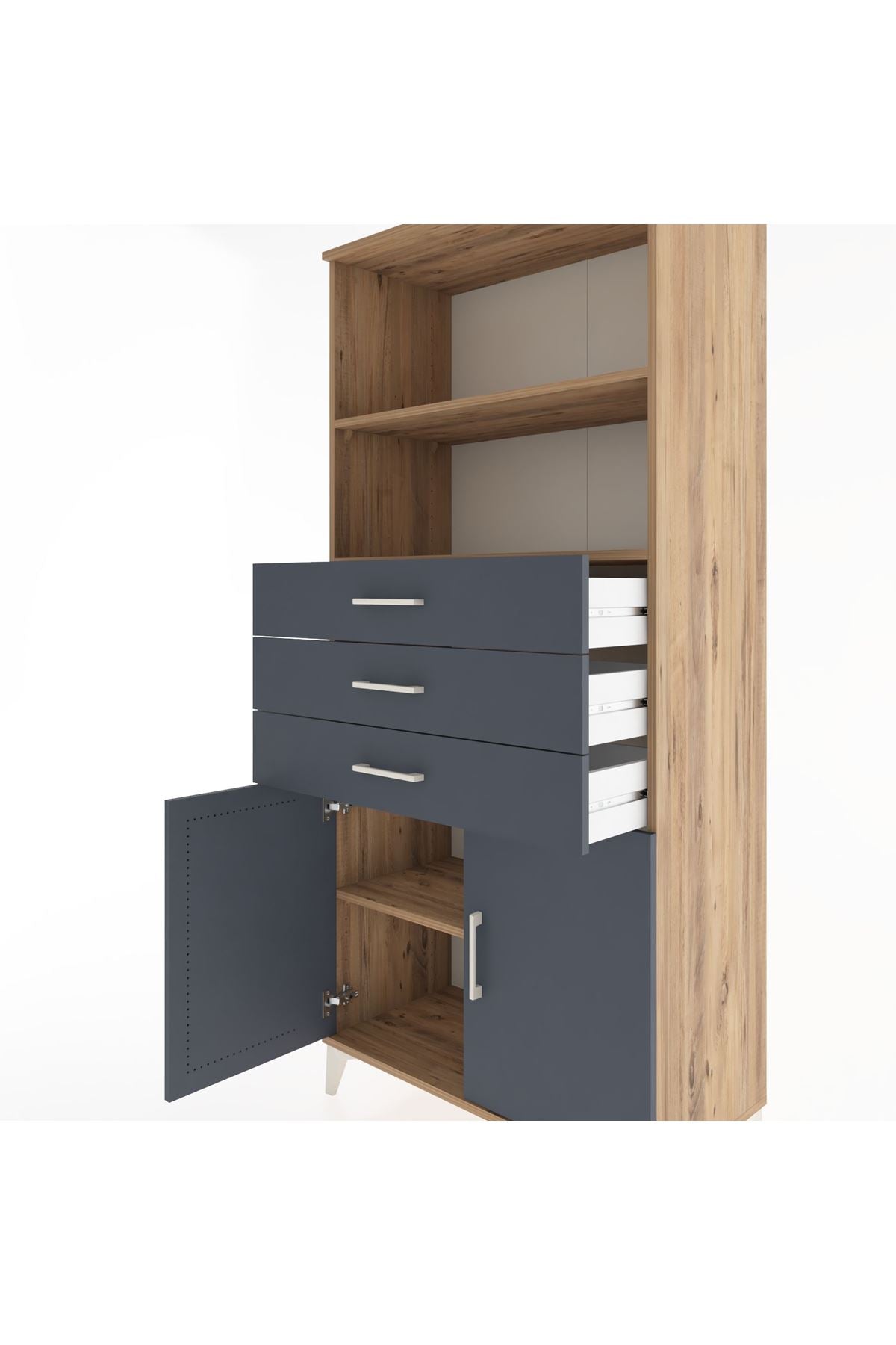 Hyperion Dolap 3 Raflı 3 Çekmeceli 2 Kapaklı 88x44x195 Çam-Antrasit