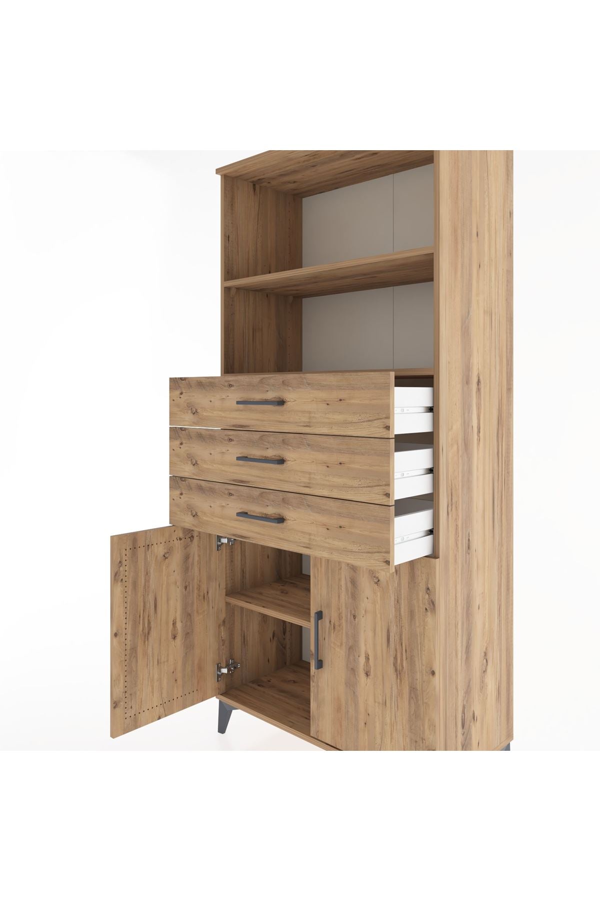 Hyperion Dolap 3 Raflı 3 Çekmeceli 2 Kapaklı 88x44x195 Çam-Çam