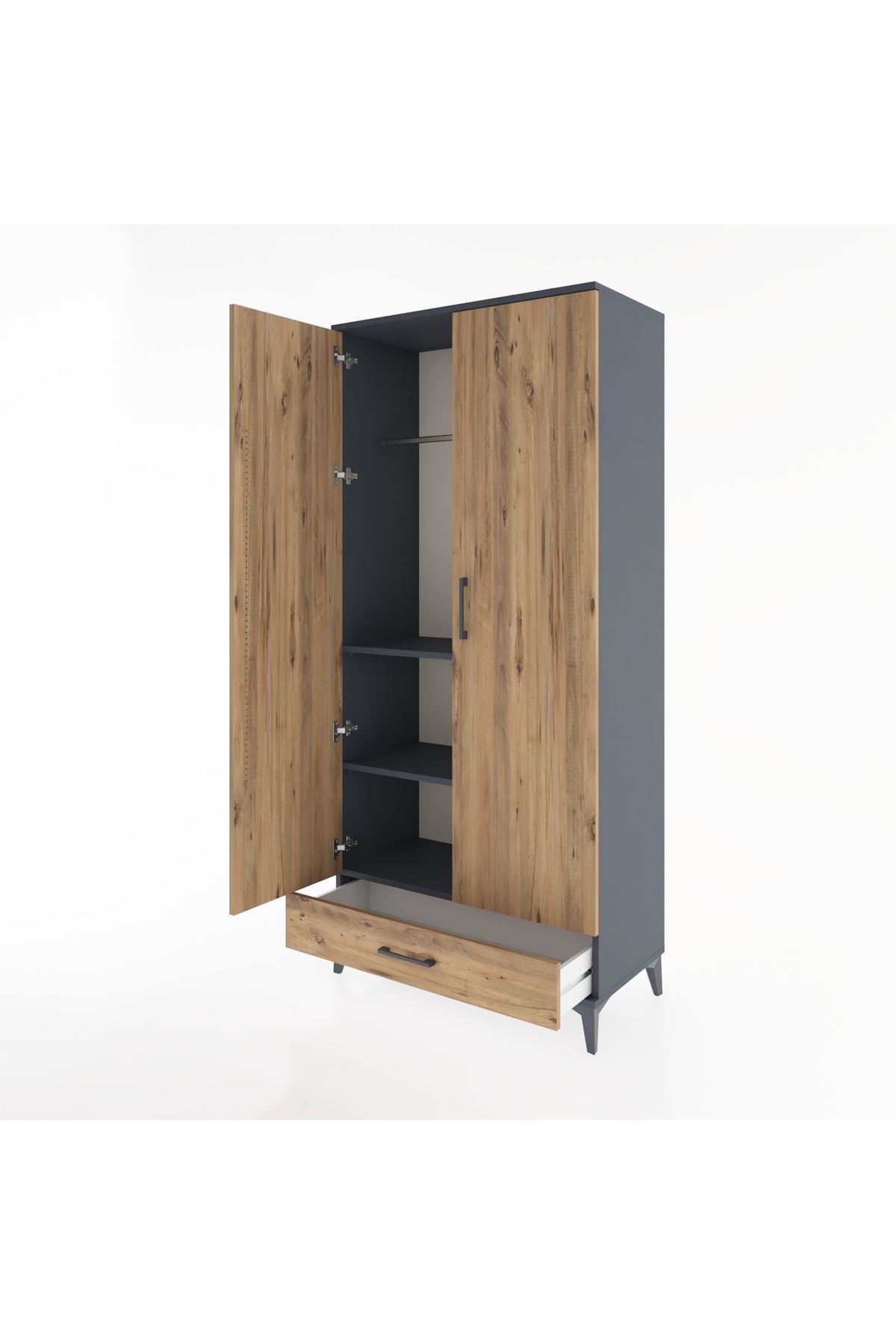 Hyperion Dolap 3 Raflı Tek Çekmeceli Tek Askılı 88x44x195 Antrasit-Çam