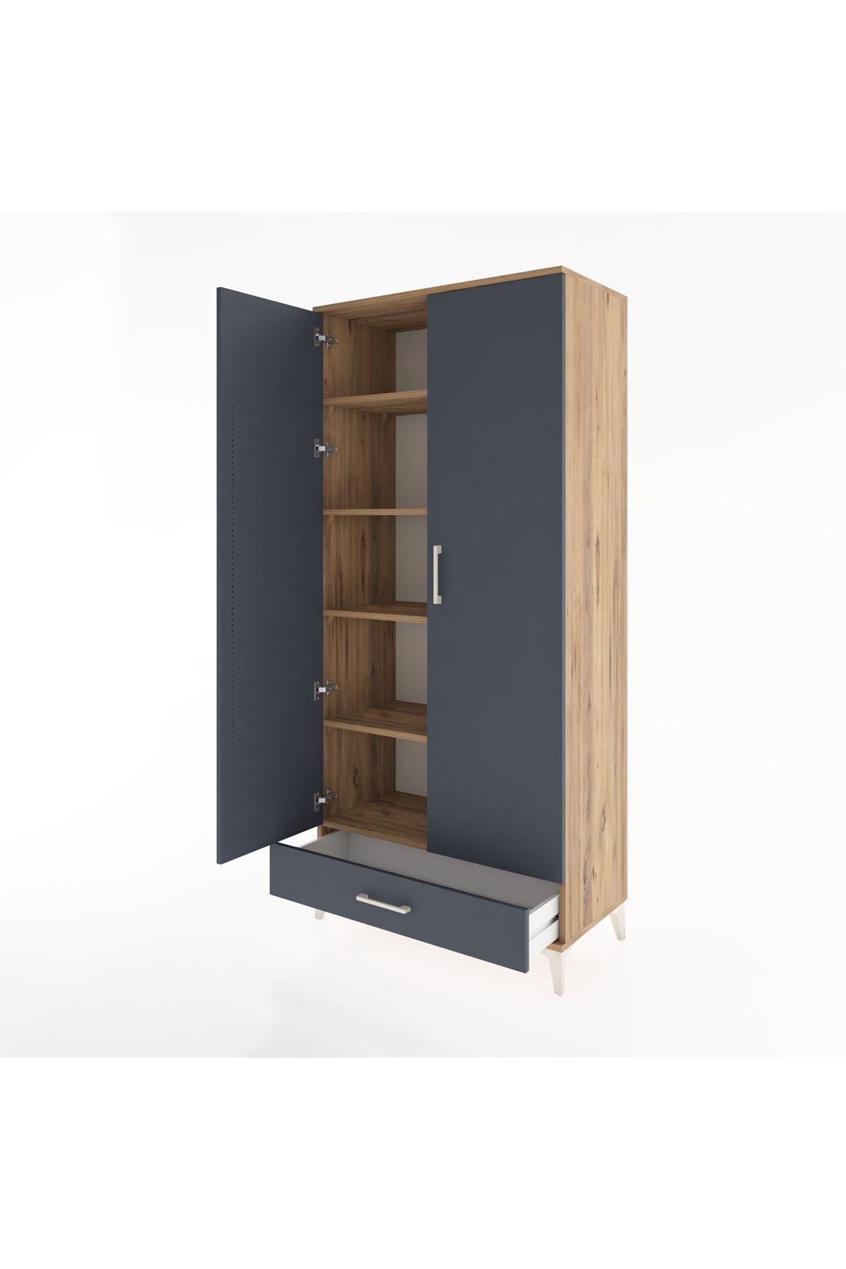 Hyperion Dolap 5 Raflı Tek Çekmeceli 2 Kapaklı 88x44x195 Çam-Antrasit