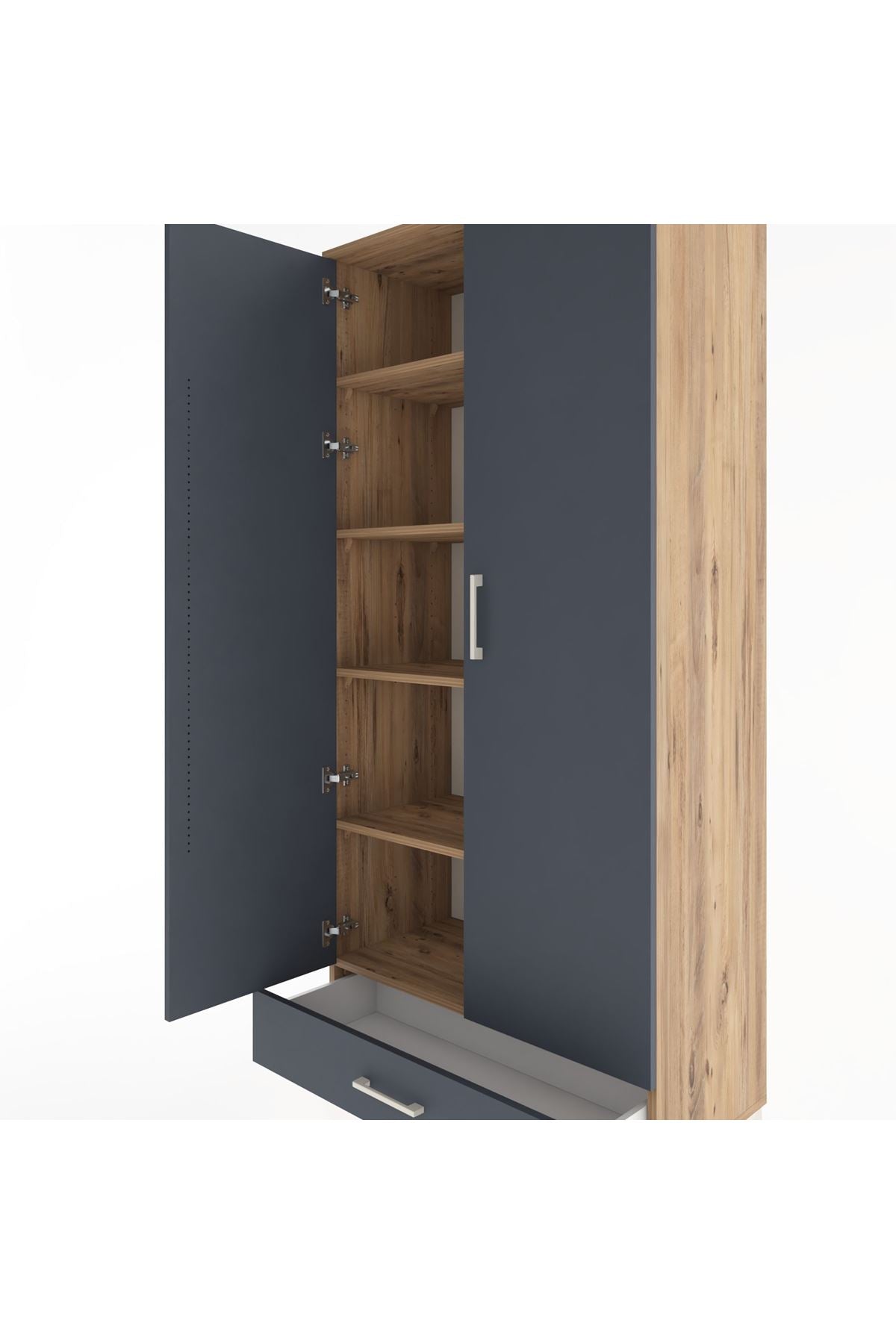 Hyperion Dolap 5 Raflı Tek Çekmeceli 2 Kapaklı 88x44x195 Çam-Antrasit