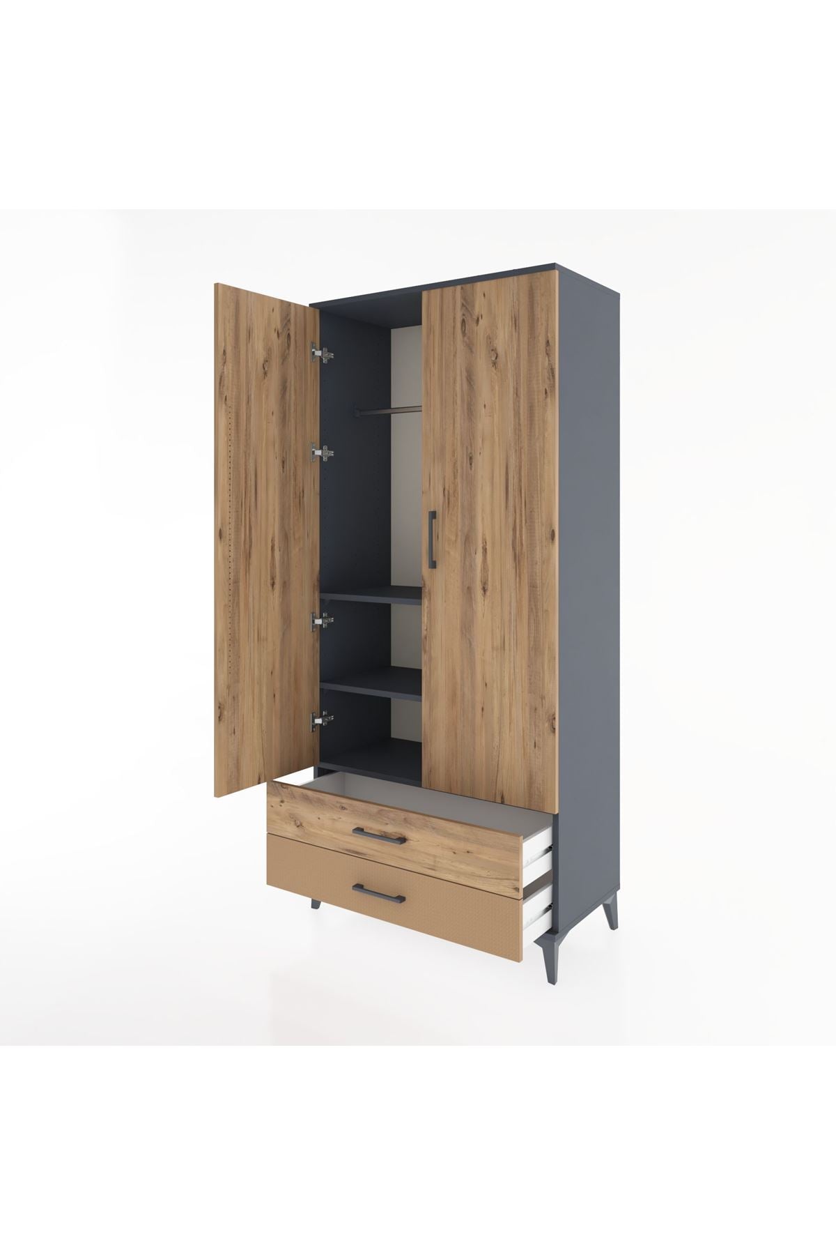 Hyperion Dolap 3 Raflı 2 Çekmeceli Tek Askılı 88x44x195 Antrasit-Çam