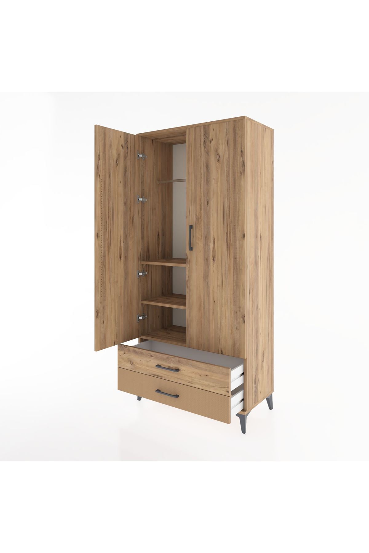 Hyperion Dolap 3 Raflı 2 Çekmeceli Tek Askılı 88x44x195 Çam-Çam