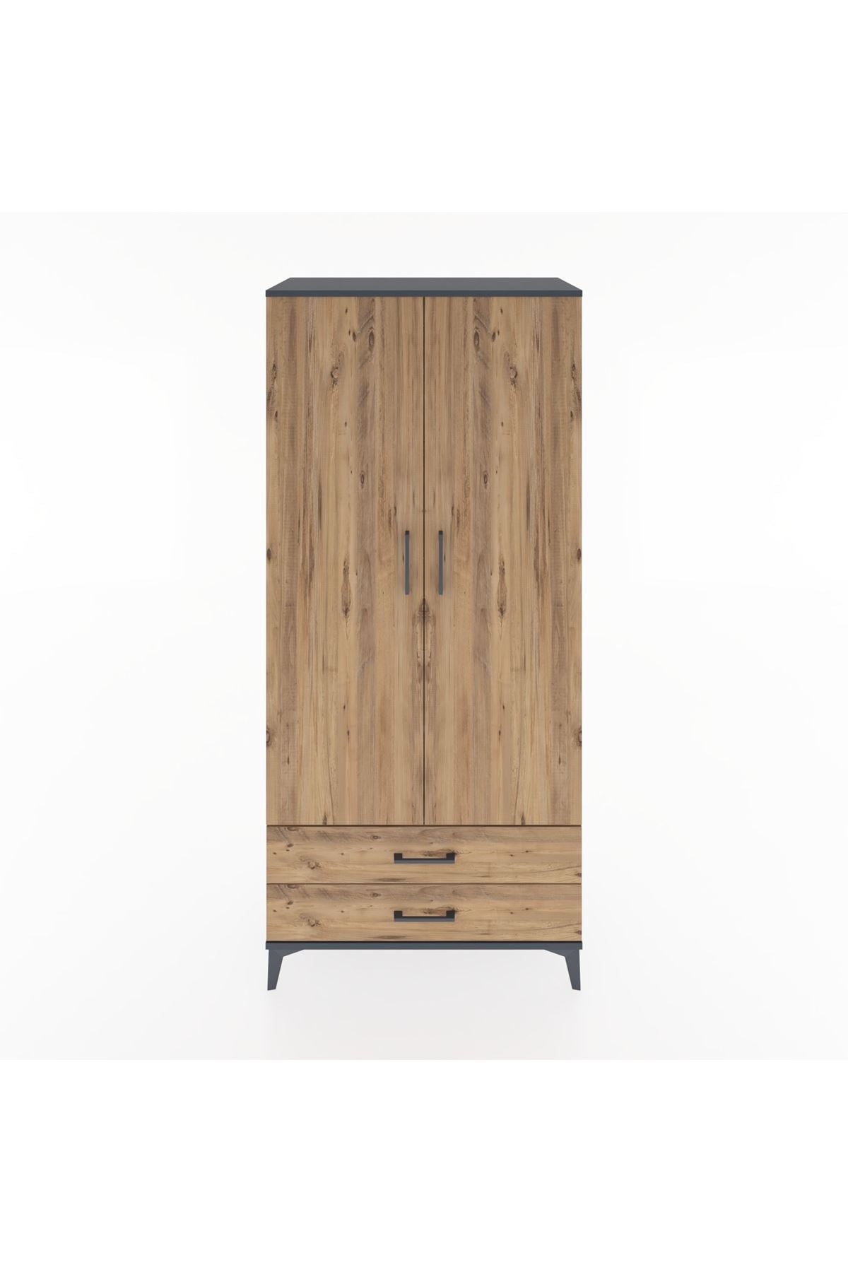 Hyperion Dolap 5 Raflı 2 Çekmeceli 2 Kapaklı 88x44x195 Antrasit-Çam