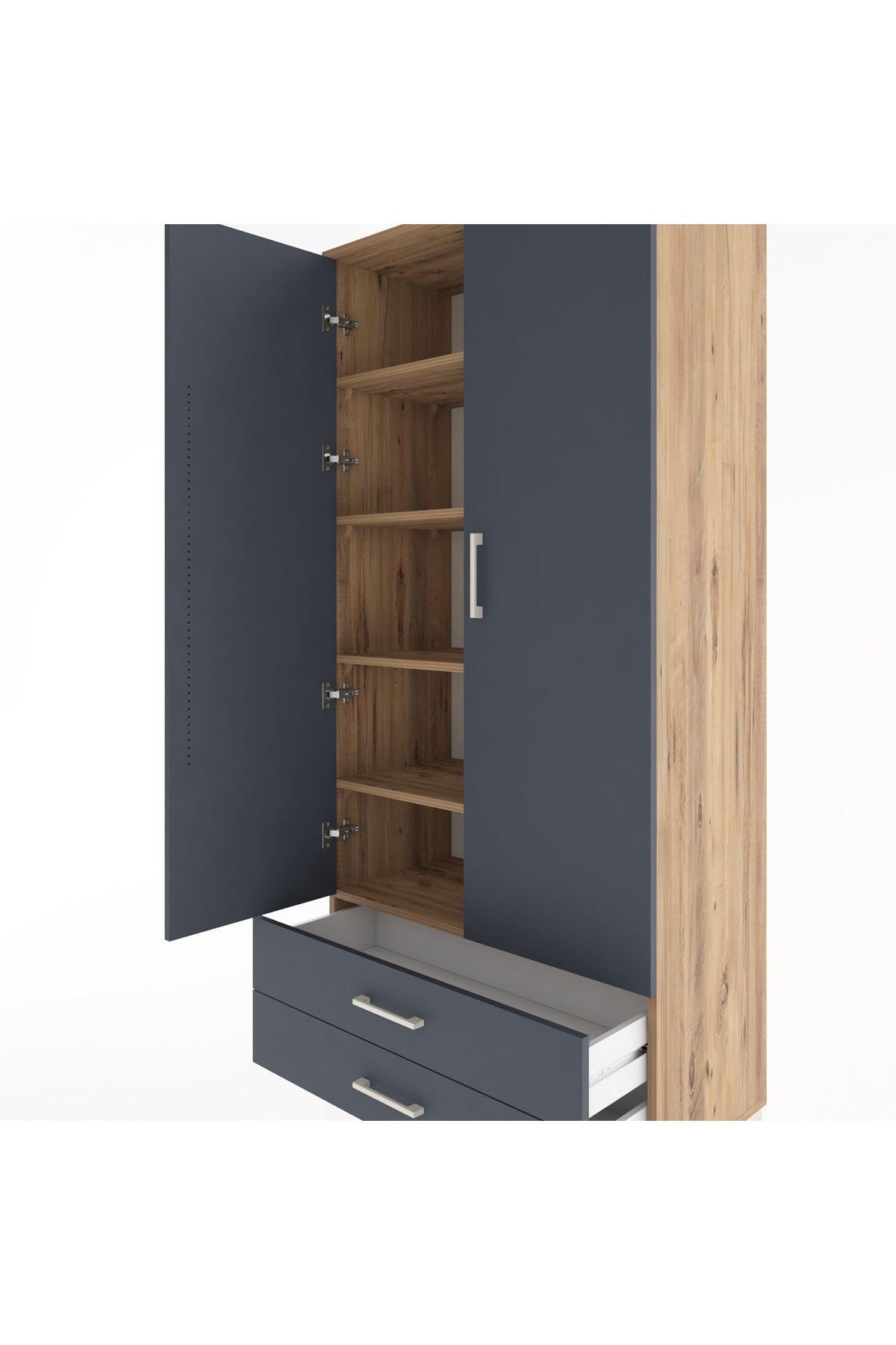 Hyperion Dolap 5 Raflı 2 Çekmeceli 2 Kapaklı 88x44x195 Çam-Antrasit