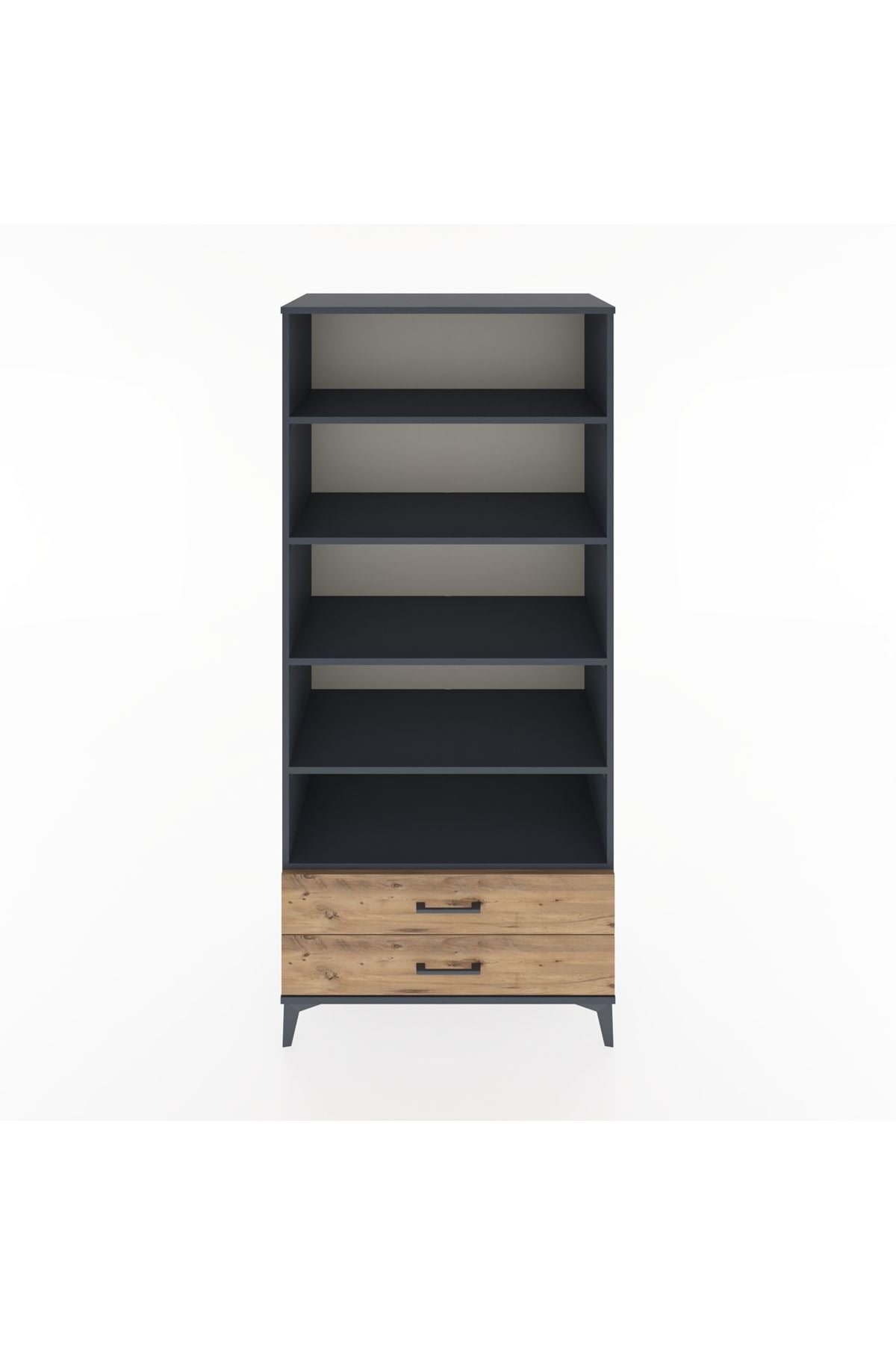 Hyperion Dolap 5 Raflı 2 Çekmeceli 88x44x195 Antrasit-Çam