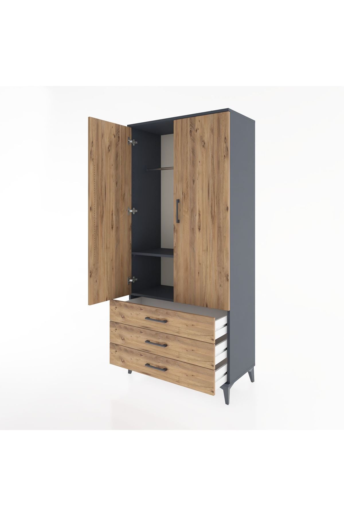 Hyperion Dolap 2 Raflı 3 Çekmeceli Tek Askılı 88x44x195 Antrasit-Çam