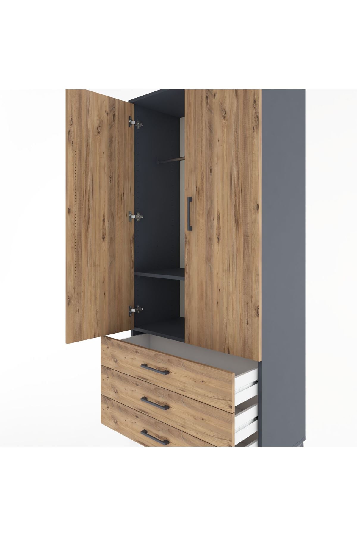 Hyperion Dolap 2 Raflı 3 Çekmeceli Tek Askılı 88x44x195 Antrasit-Çam