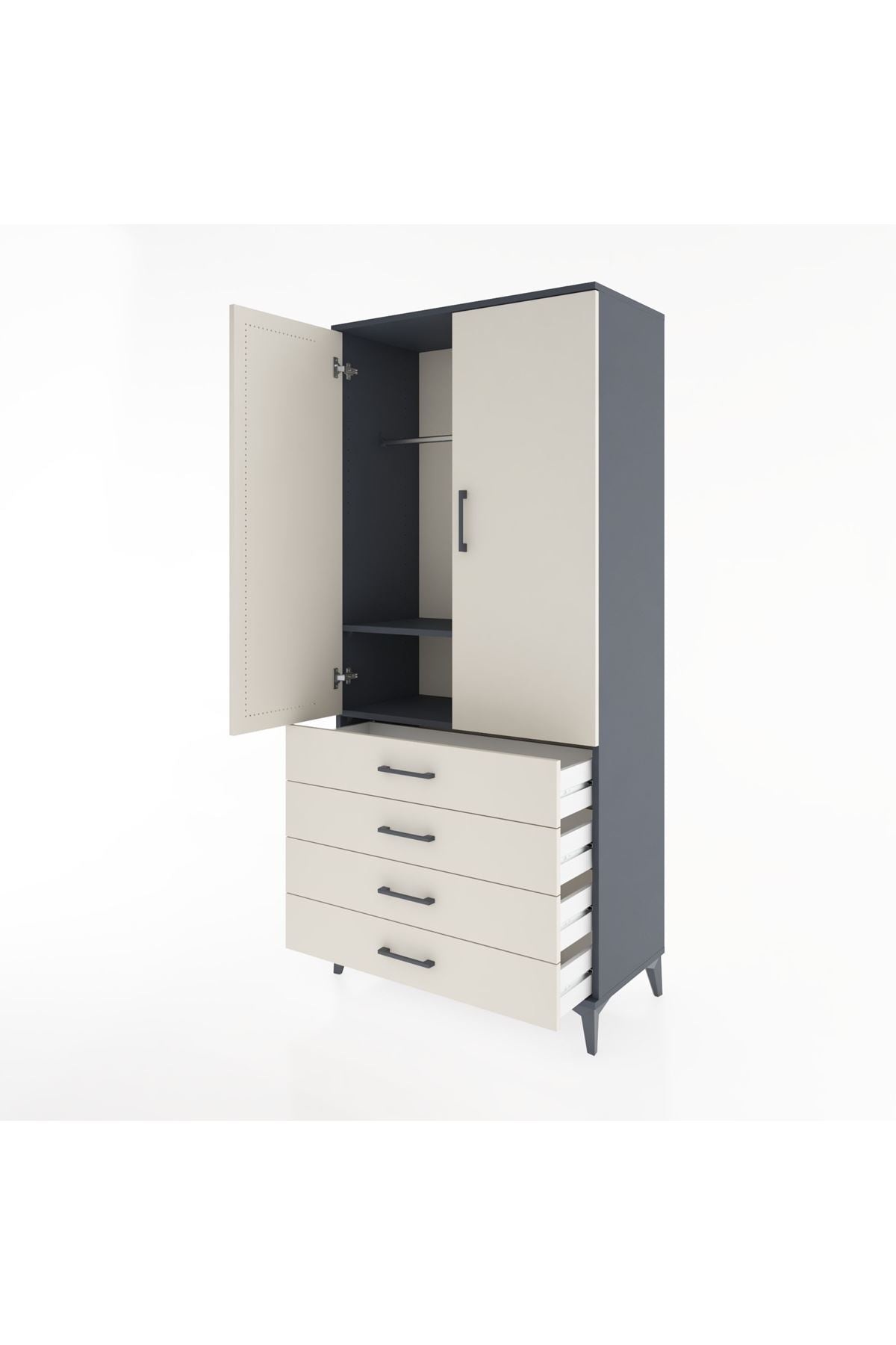 Hyperion Dolap 2 Raflı 4 Çekmeceli Tek Askılı 88x44x195 Antrasit-Aytaşı
