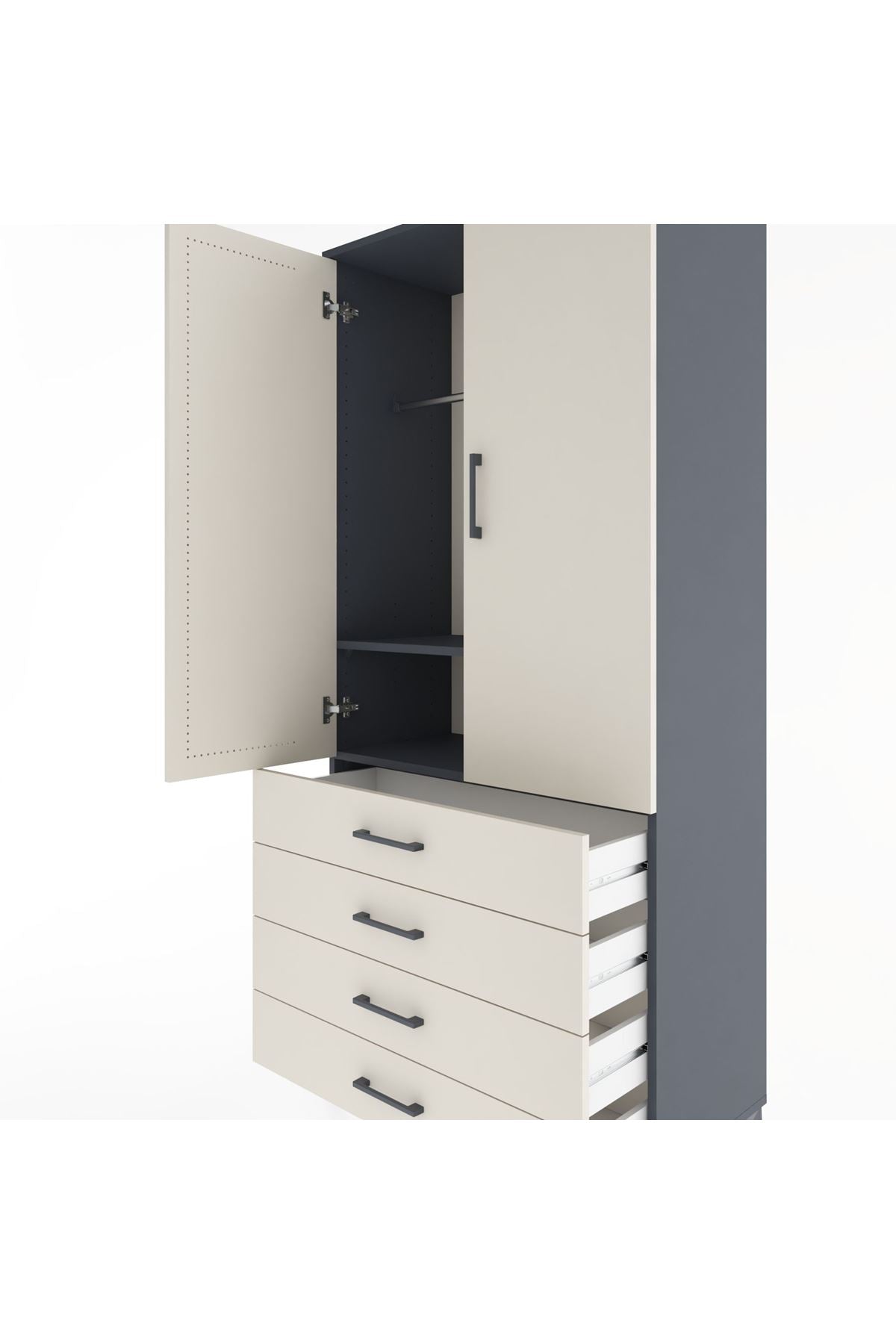 Hyperion Dolap 2 Raflı 4 Çekmeceli Tek Askılı 88x44x195 Antrasit-Aytaşı