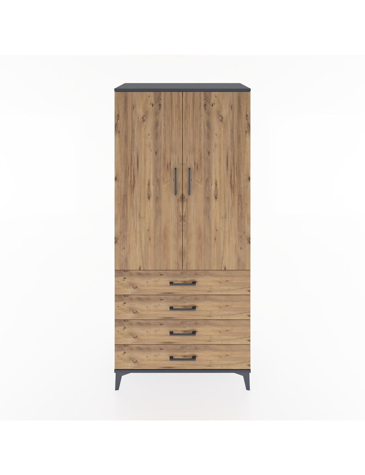 Hyperion Dolap 2 Raflı 4 Çekmeceli Tek Askılı 88x44x195 Antrasit-Çam