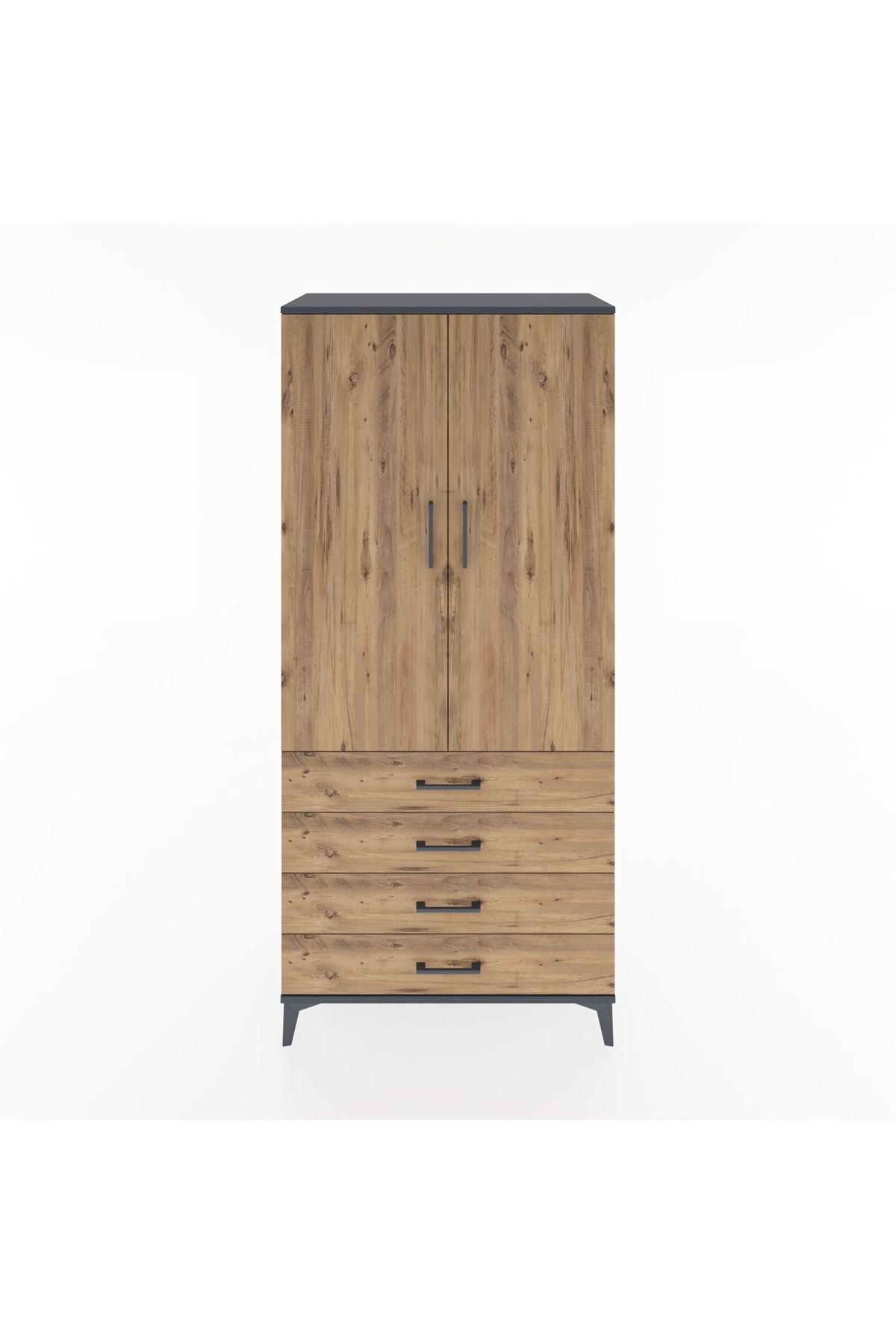 Hyperion Dolap 2 Raflı 4 Çekmeceli Tek Askılı 88x44x195 Antrasit-Çam