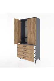 Hyperion Dolap 2 Raflı 4 Çekmeceli Tek Askılı 88x44x195 Antrasit-Çam