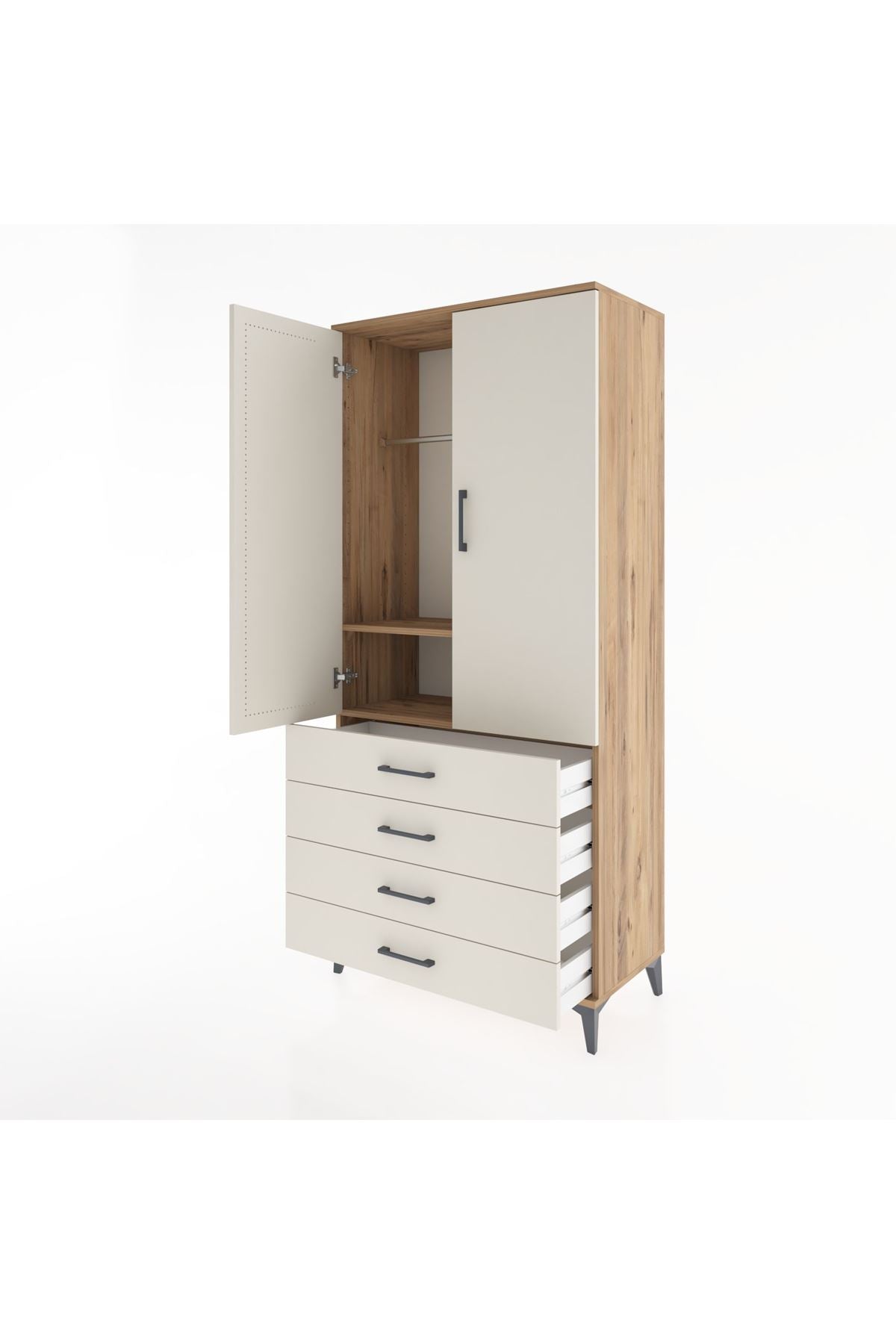 Hyperion Dolap 2 Raflı 4 Çekmeceli Tek Askılı 88x44x195 Çam-Aytaşı