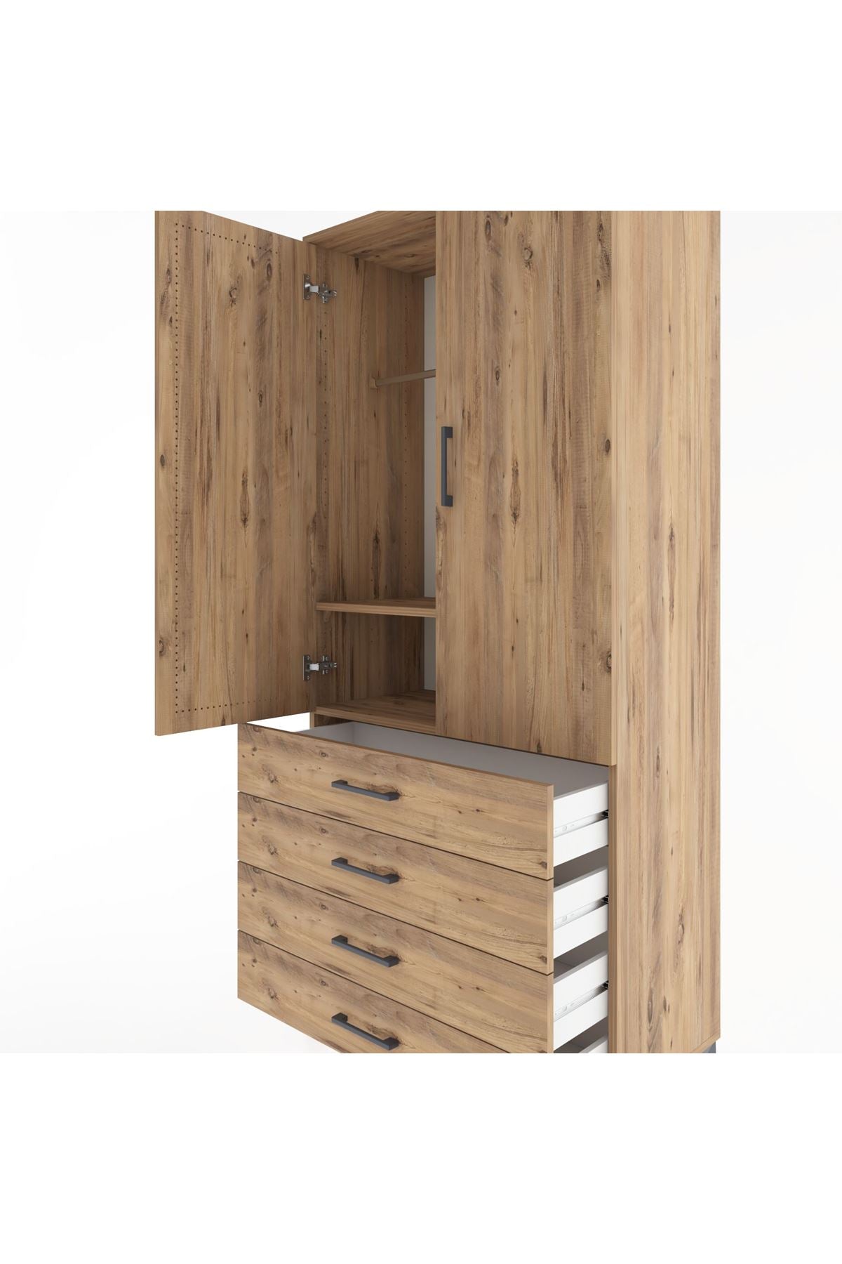 Hyperion Dolap 2 Raflı 4 Çekmeceli Tek Askılı 88x44x195 Çam-Çam