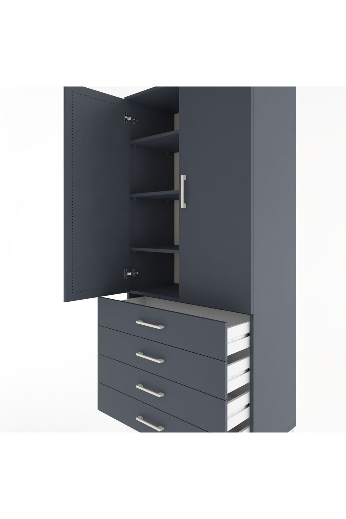 Hyperion Dolap 4 Raflı 4 Çekmeceli 2 Kapaklı 88x44x195 Antrasit-Antrasit