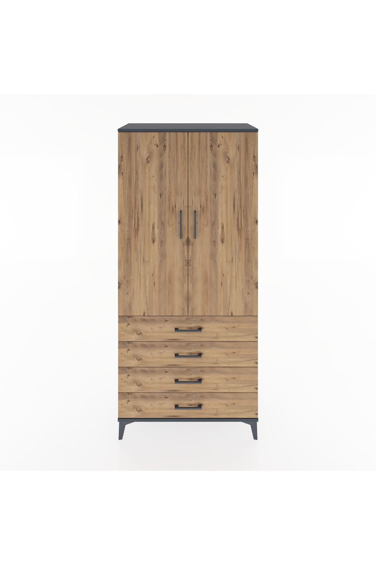 Hyperion Dolap 4 Raflı 4 Çekmeceli 2 Kapaklı 88x44x195 Antrasit-Çam