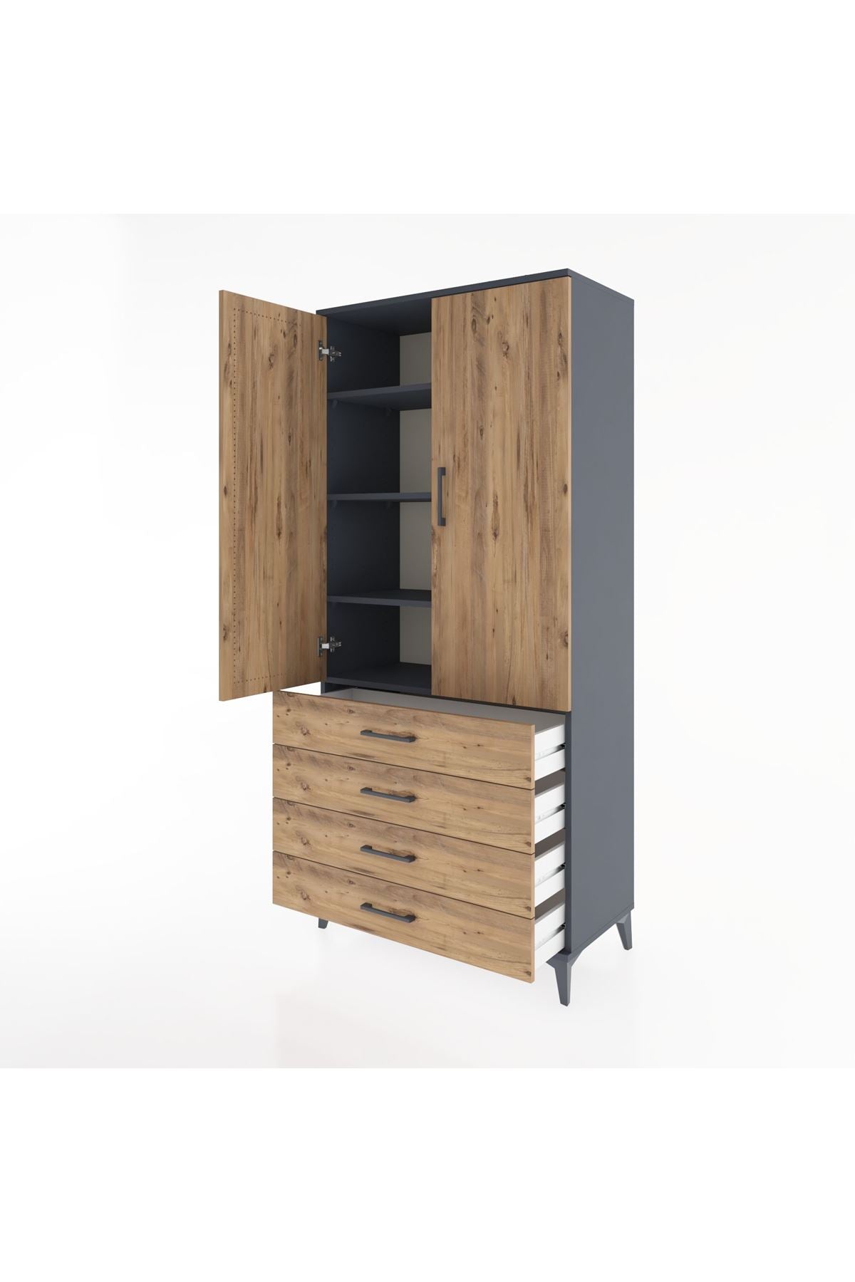 Hyperion Dolap 4 Raflı 4 Çekmeceli 2 Kapaklı 88x44x195 Antrasit-Çam
