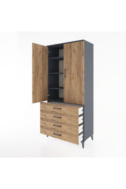 Hyperion Dolap 4 Raflı 4 Çekmeceli 2 Kapaklı 88x44x195 Antrasit-Çam