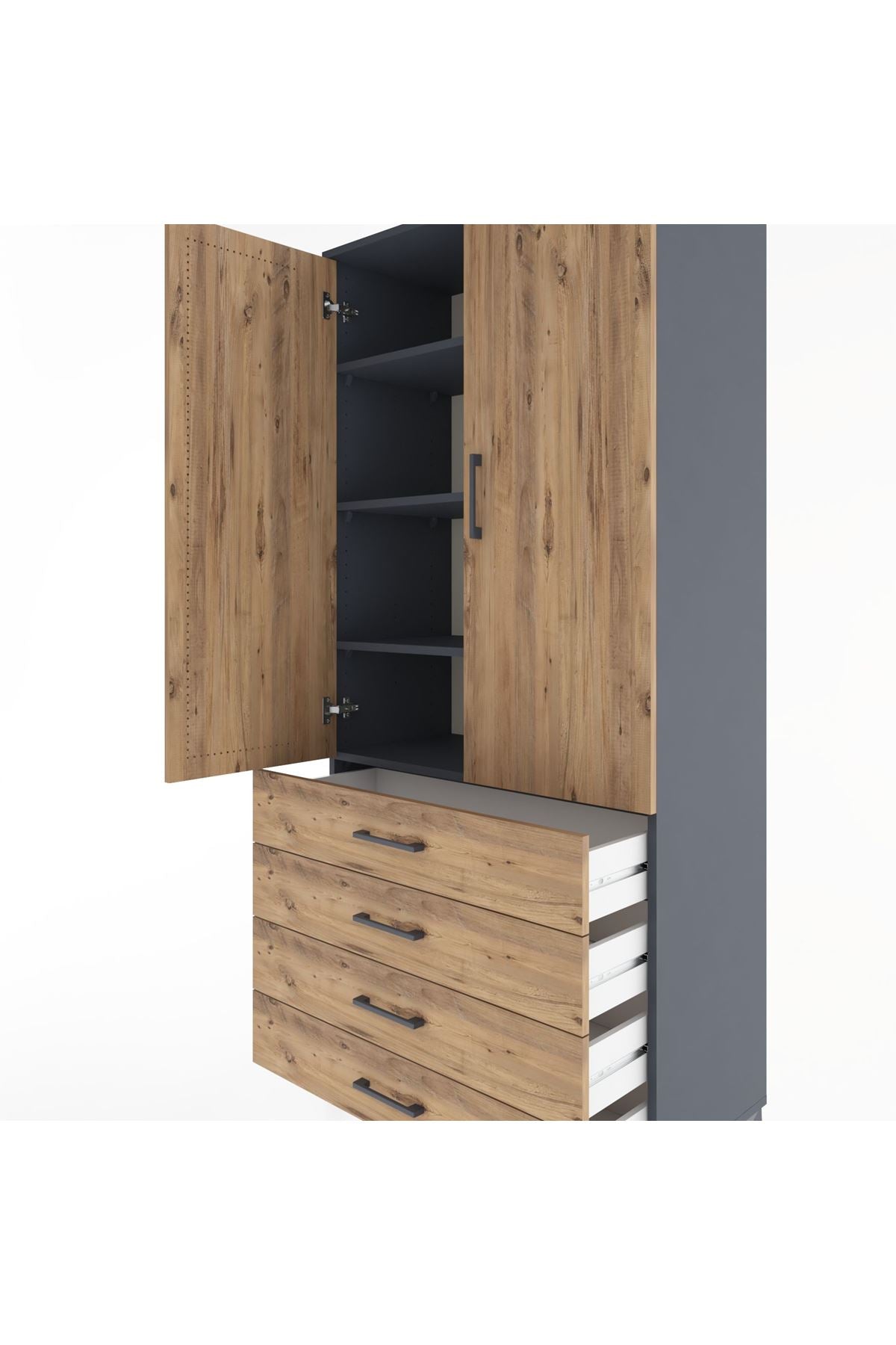 Hyperion Dolap 4 Raflı 4 Çekmeceli 2 Kapaklı 88x44x195 Antrasit-Çam