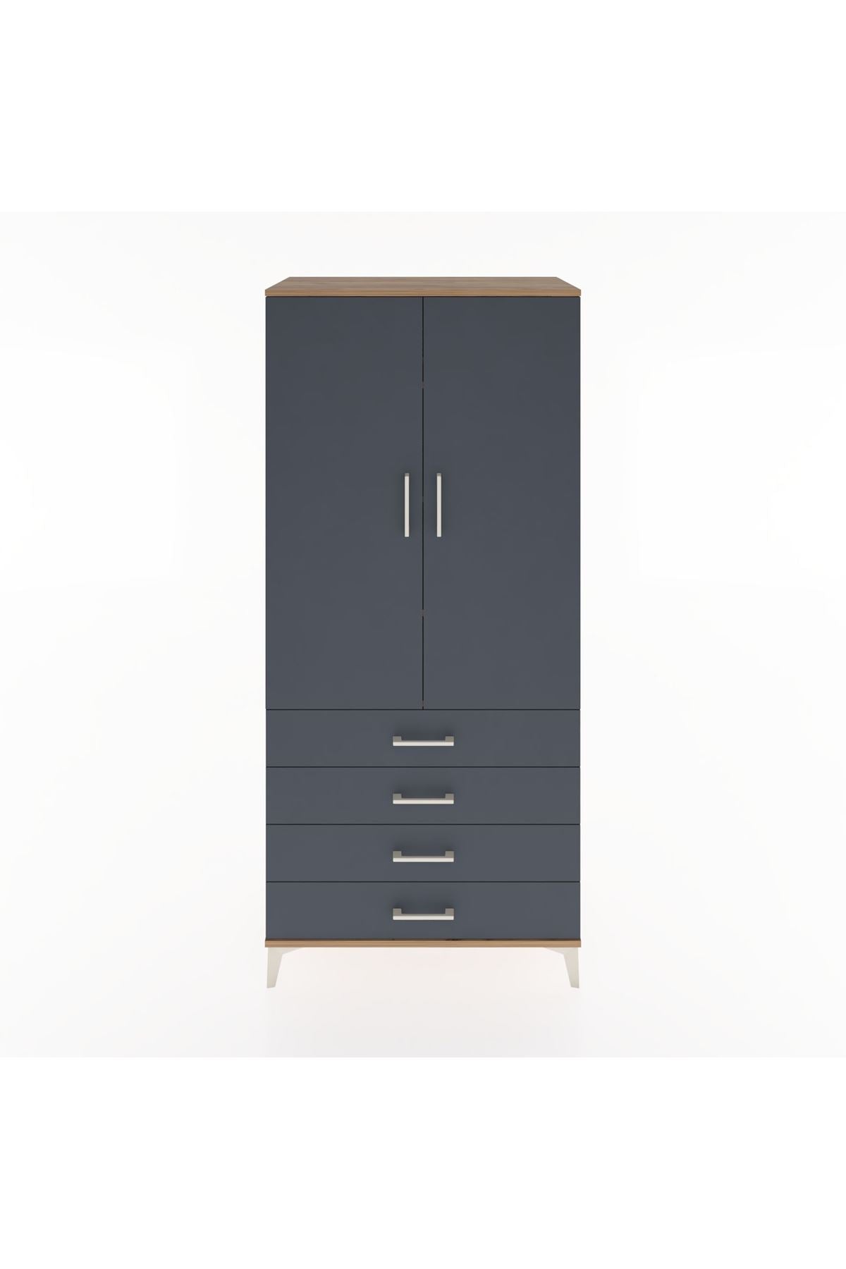 Hyperion Dolap 4 Raflı 4 Çekmeceli 2 Kapaklı 88x44x195 Çam-Antrasit