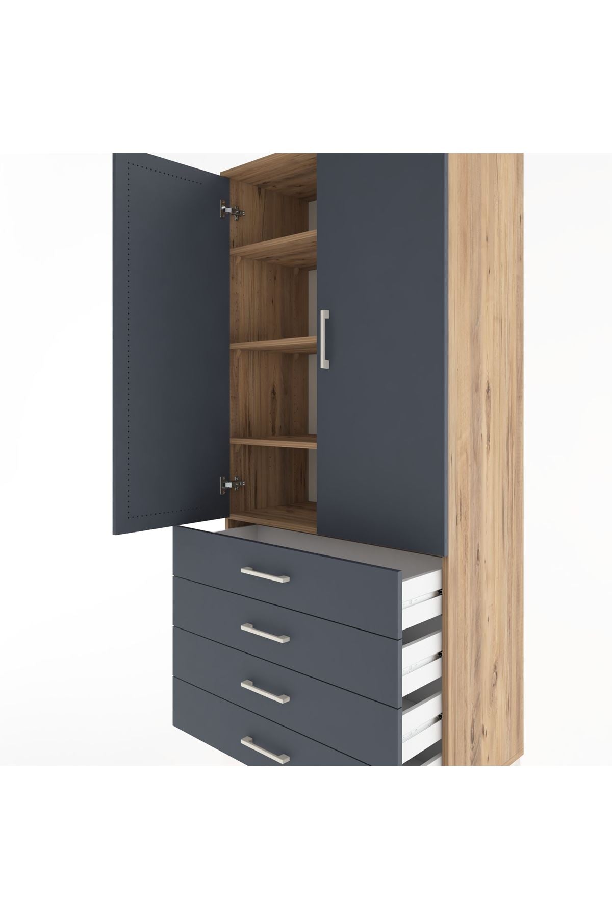 Hyperion Dolap 4 Raflı 4 Çekmeceli 2 Kapaklı 88x44x195 Çam-Antrasit