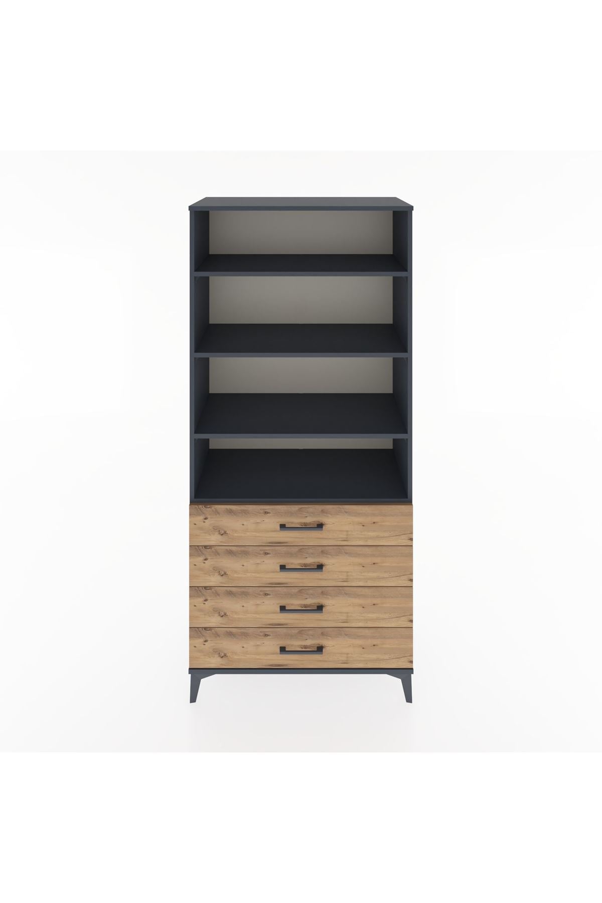 Hyperion Dolap 4 Raflı 4 Çekmeceli 88x44x195 Antrasit-Çam