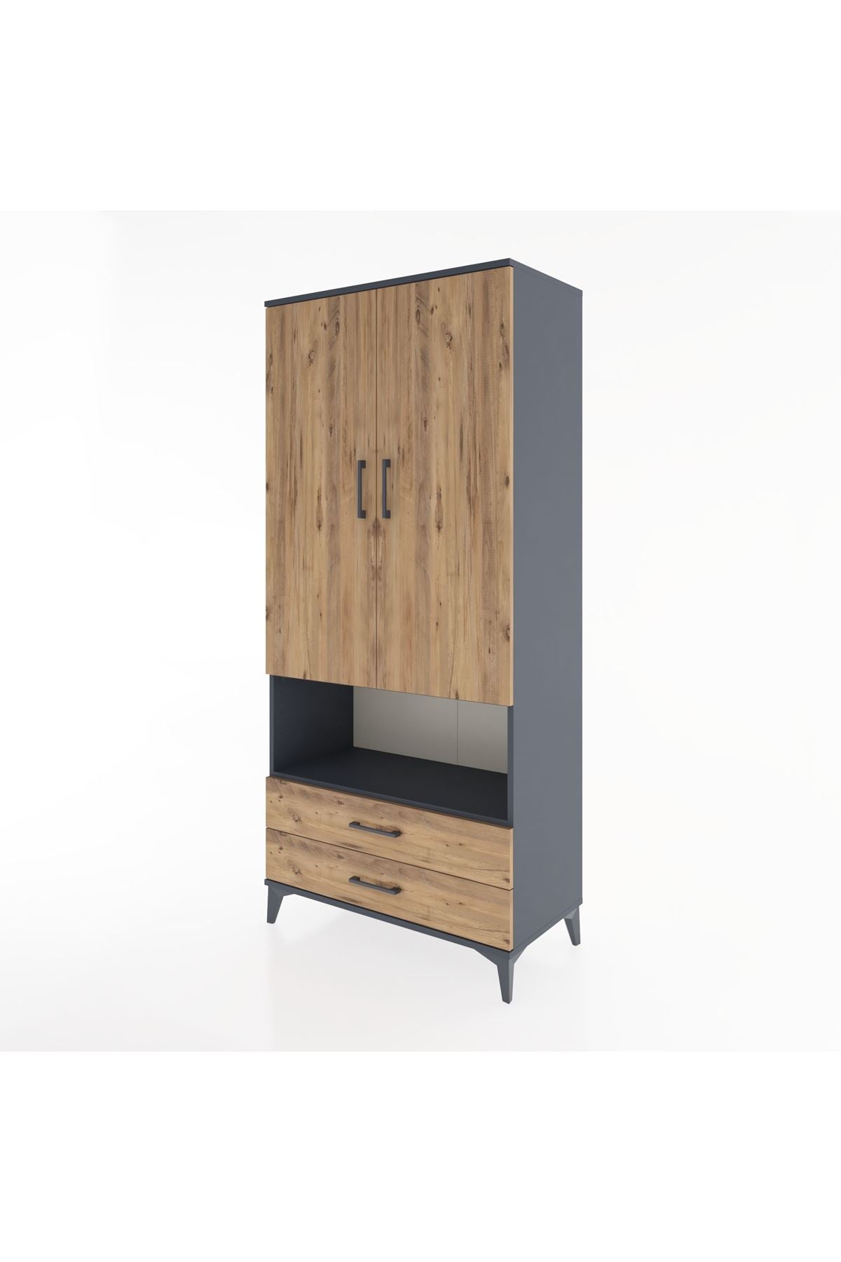 Hyperion Dolap 3 Raflı 2 Çekmeceli Tek Askılı 88x44x195 Antrasit-Çam