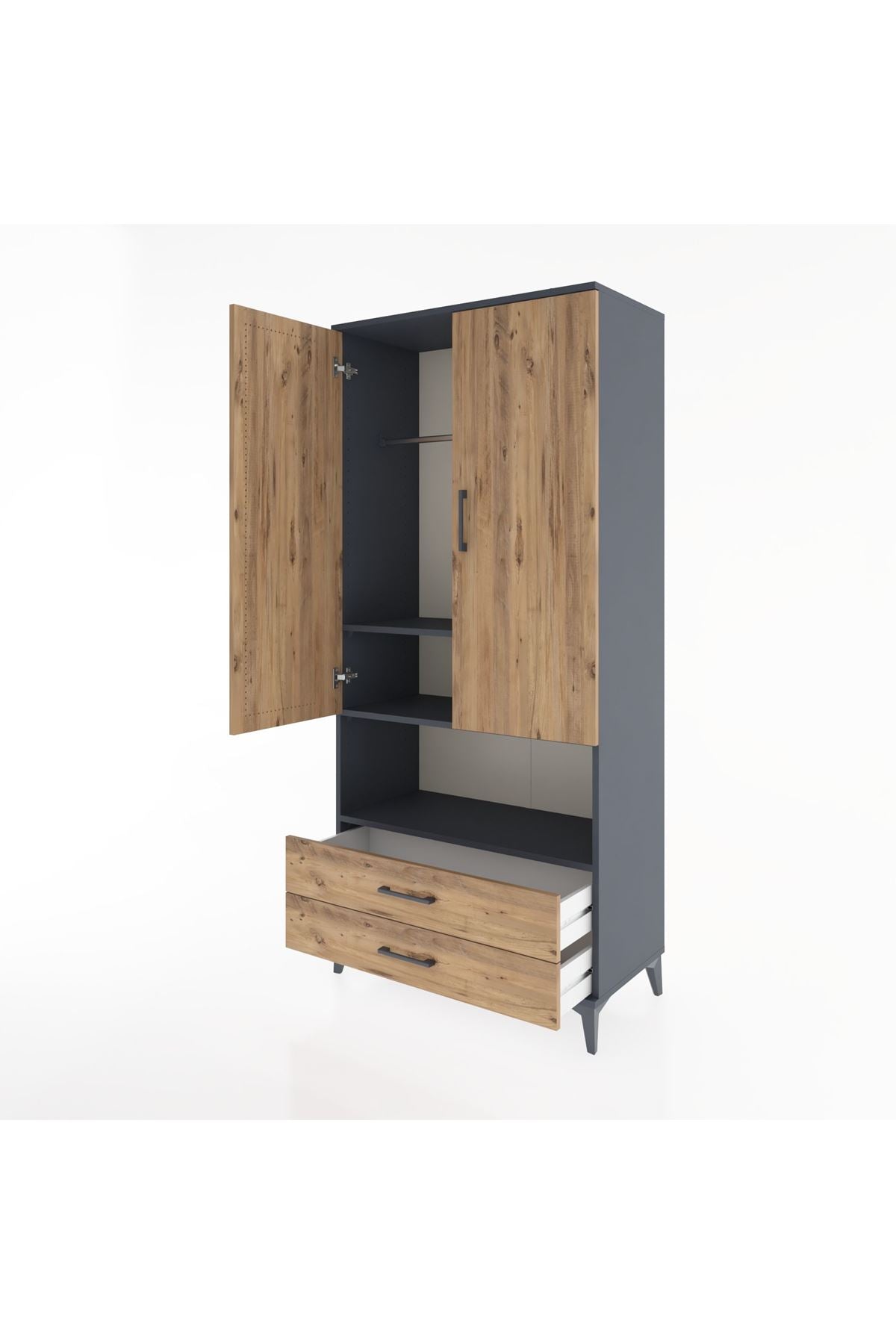 Hyperion Dolap 3 Raflı 2 Çekmeceli Tek Askılı 88x44x195 Antrasit-Çam