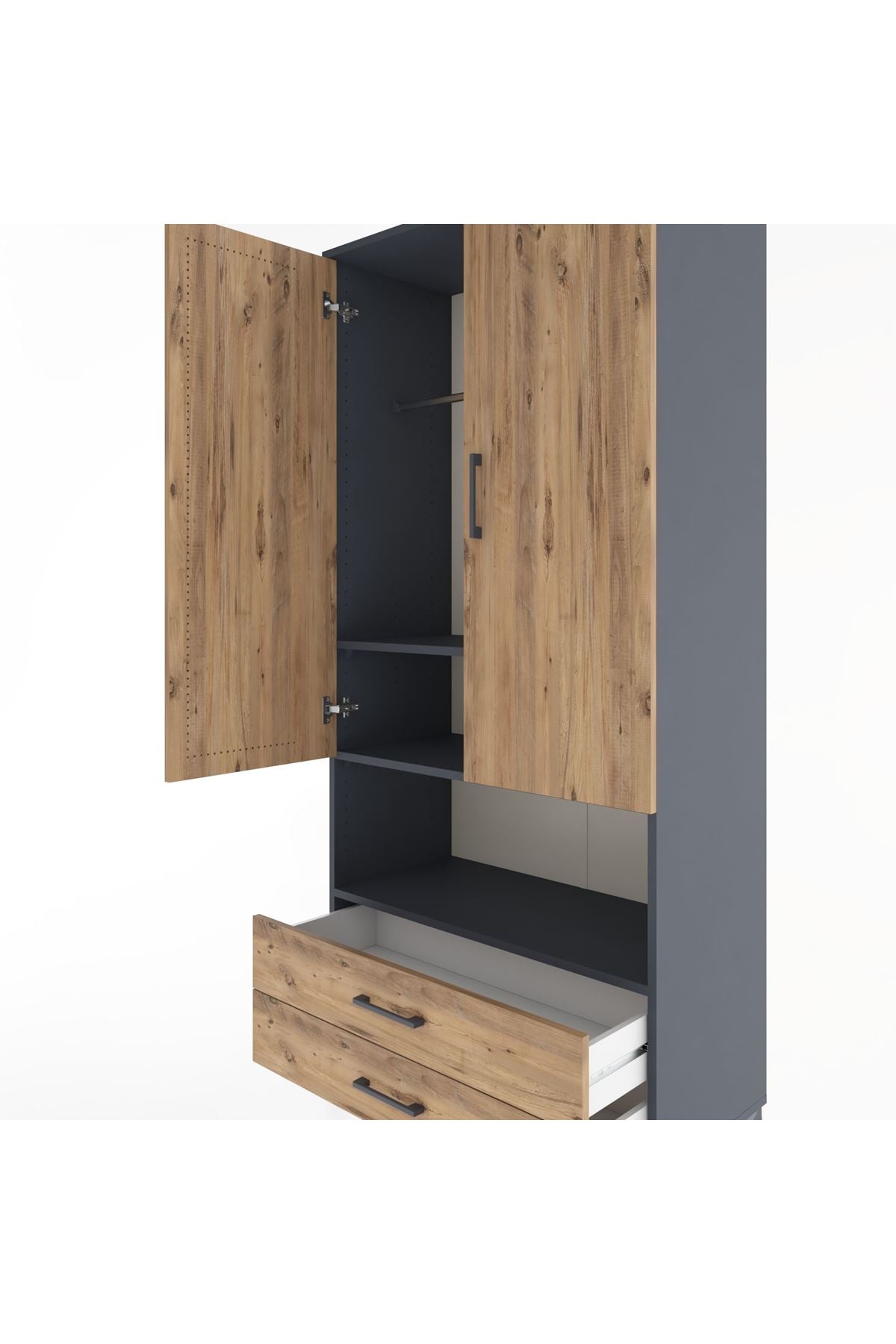 Hyperion Dolap 3 Raflı 2 Çekmeceli Tek Askılı 88x44x195 Antrasit-Çam