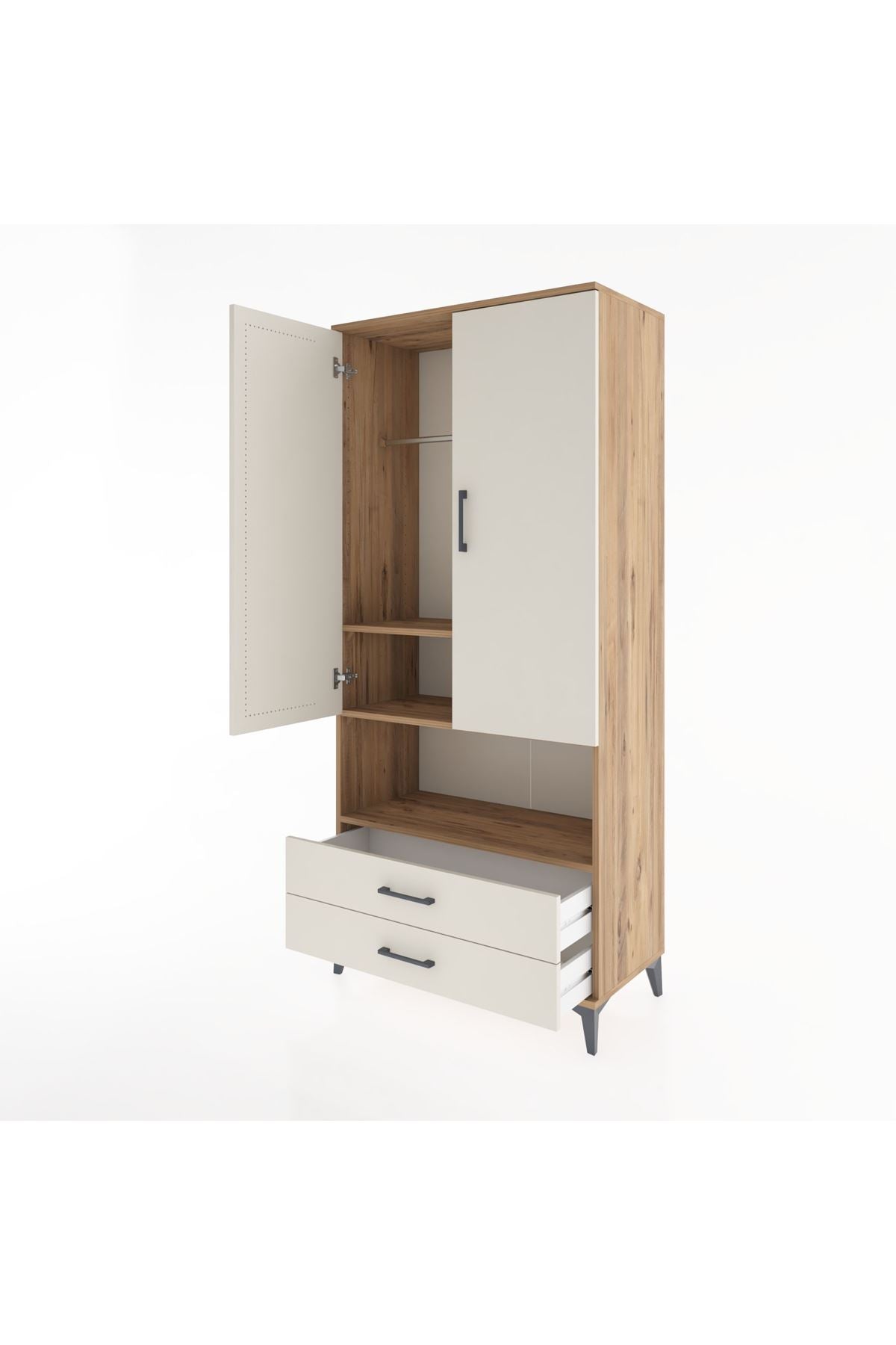 Hyperion Dolap 3 Raflı 2 Çekmeceli Tek Askılı 88x44x195 Çam-Aytaşı