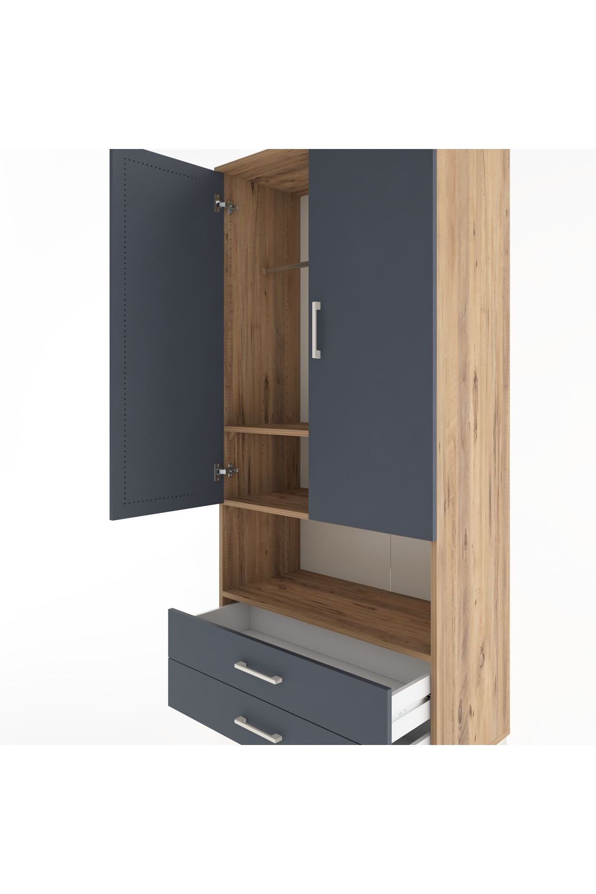Hyperion Dolap 3 Raflı 2 Çekmeceli Tek Askılı 88x44x195 Çam-Antrasit
