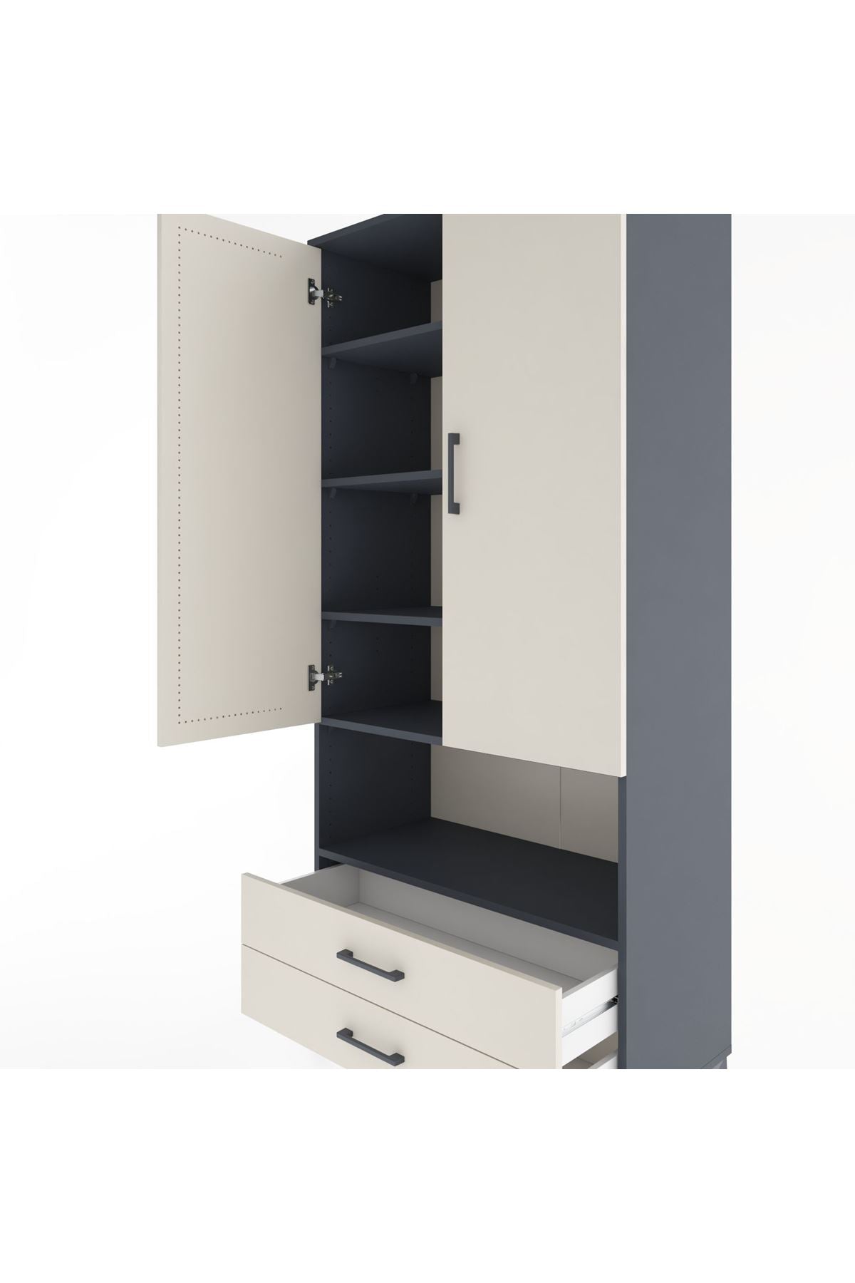 Hyperion Dolap 5 Raflı 2 Çekmeceli 2 Kapaklı 88x44x195 Antrasit-Aytaşı