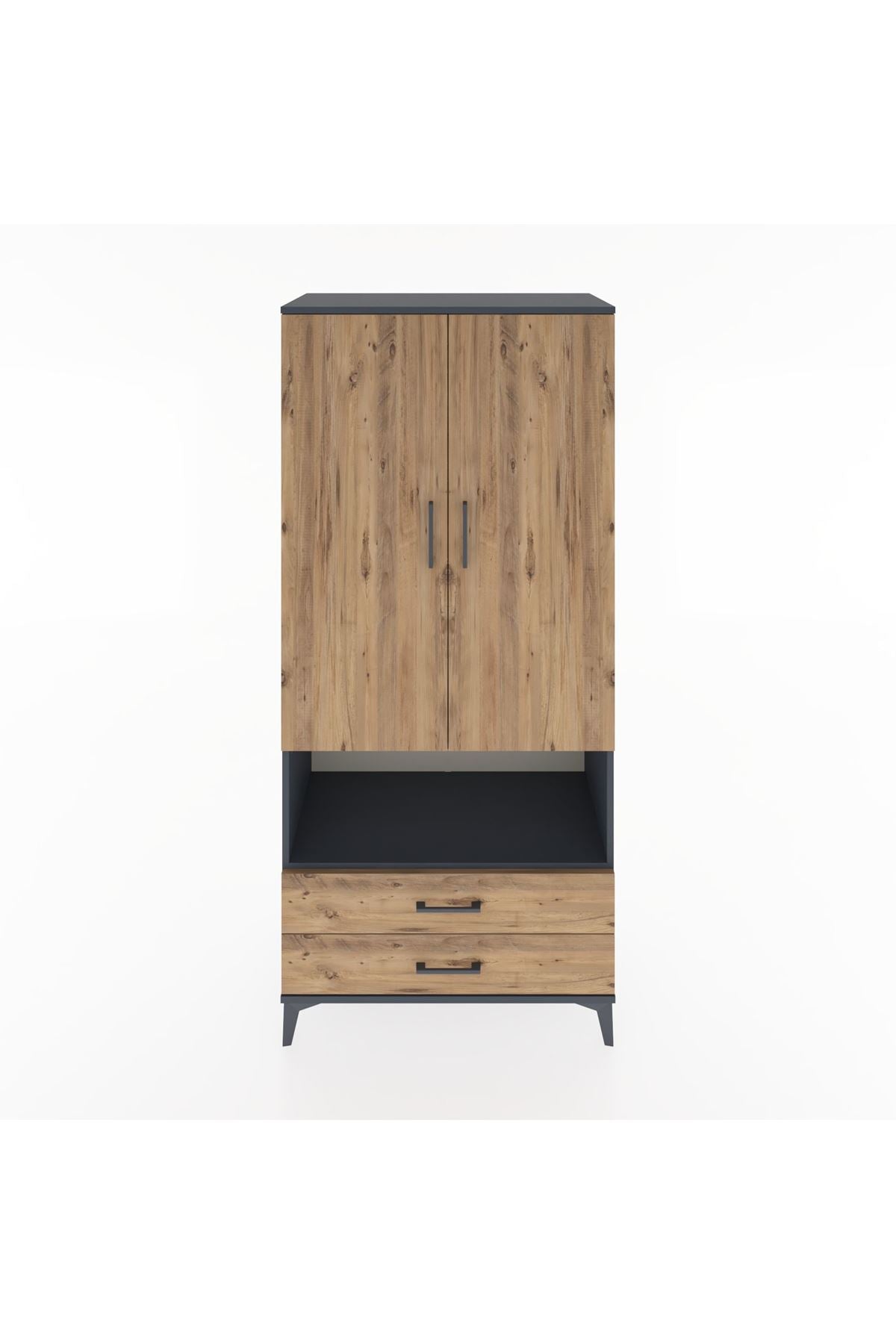 Hyperion Dolap 5 Raflı 2 Çekmeceli 2 Kapaklı 88x44x195 Antrasit-Çam