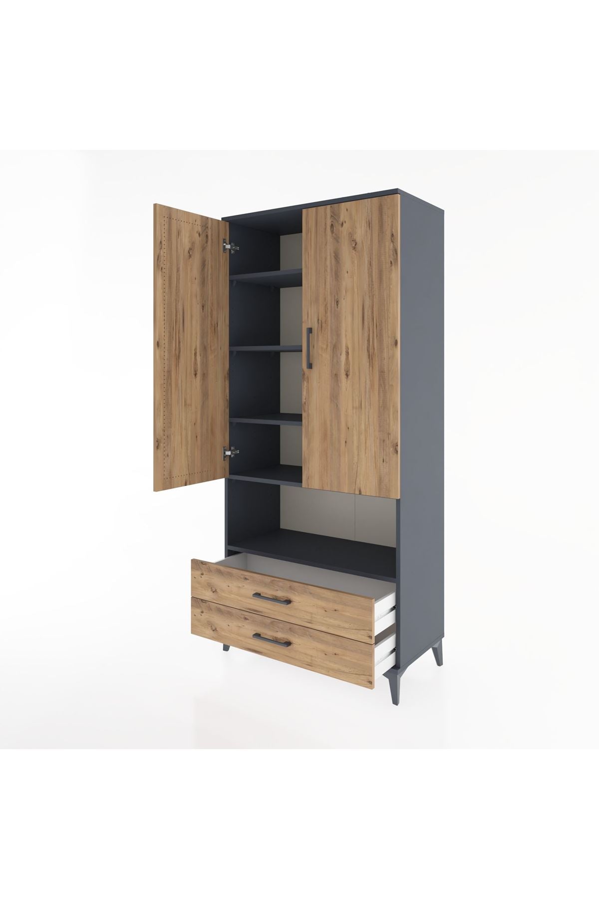 Hyperion Dolap 5 Raflı 2 Çekmeceli 2 Kapaklı 88x44x195 Antrasit-Çam