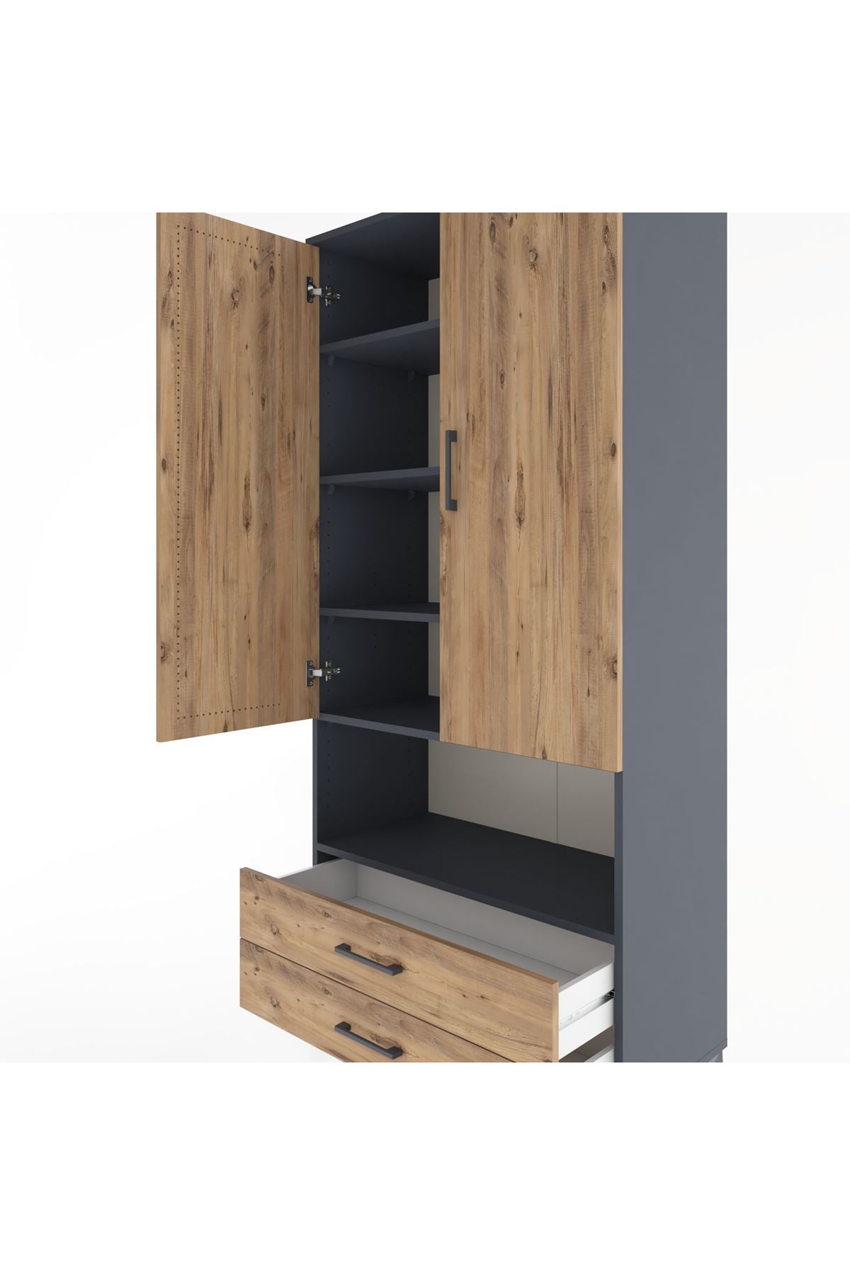 Hyperion Dolap 5 Raflı 2 Çekmeceli 2 Kapaklı 88x44x195 Antrasit-Çam