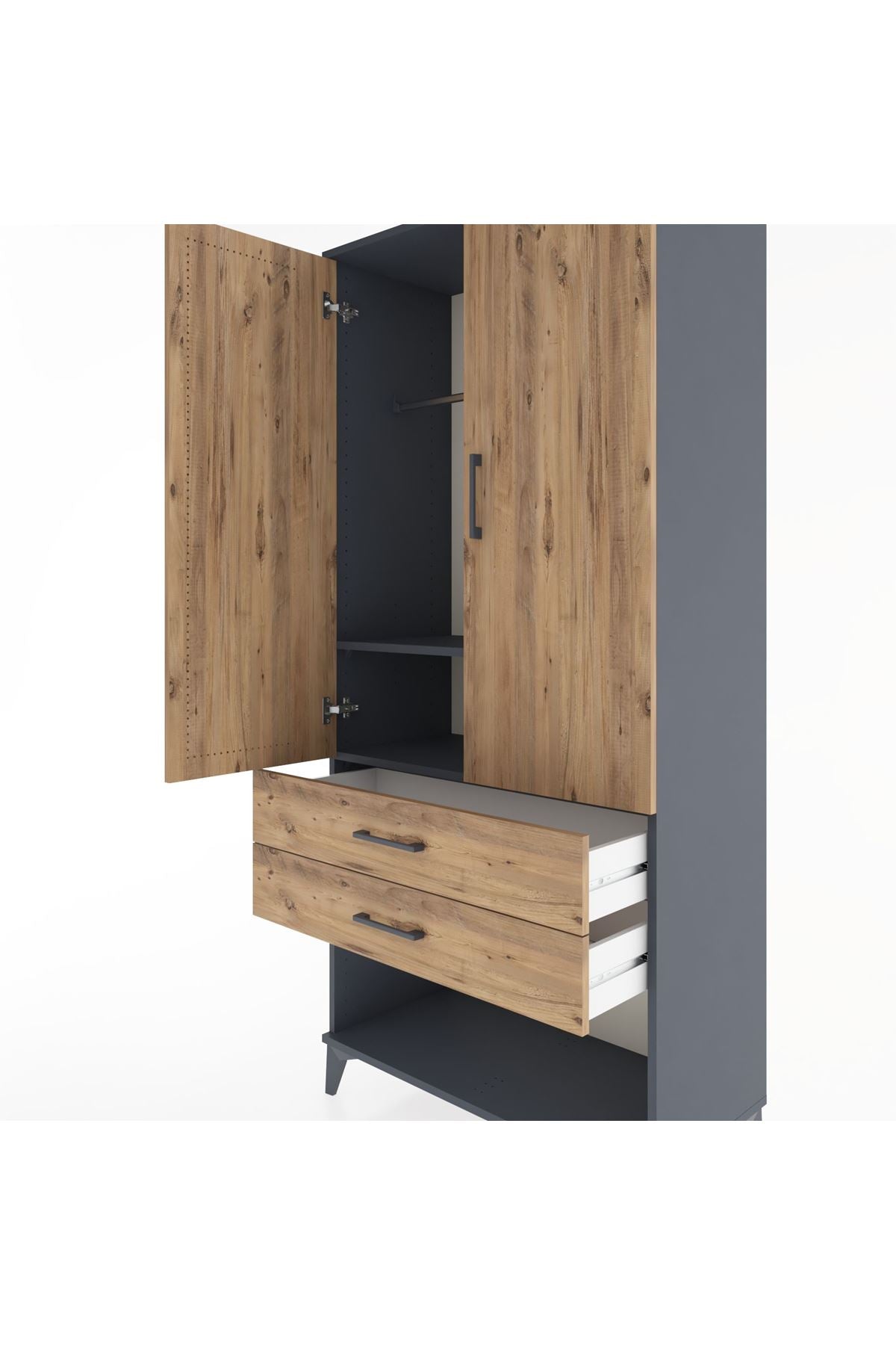 Hyperion Dolap 2 Raflı 2 Çekmeceli Tek Askılı 88x44x195 Antrasit-Çam