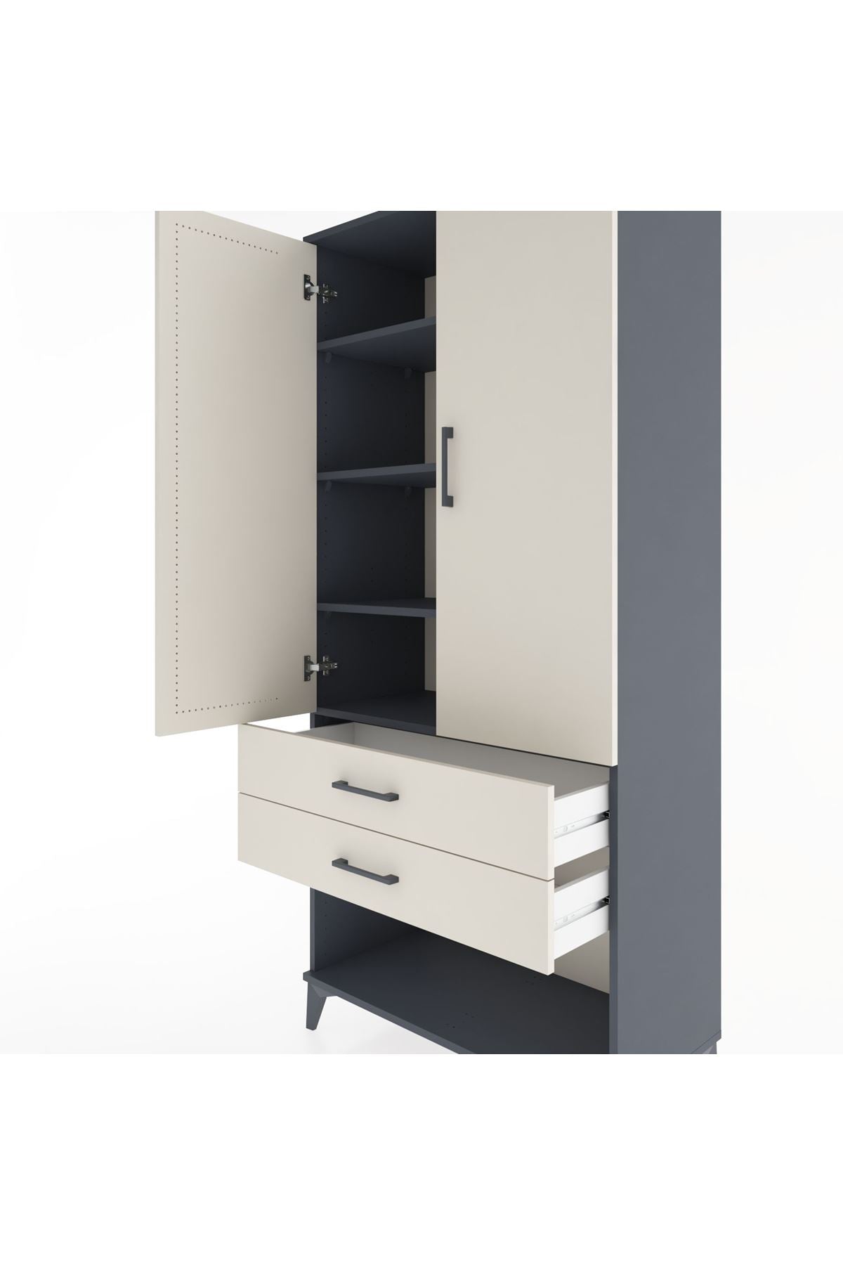 Hyperion Dolap 4 Raflı 2 Çekmeceli 2 Kapaklı 88x44x195 Antrasit-Aytaşı