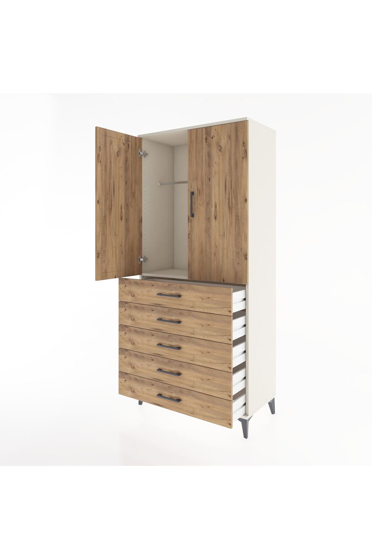 Hyperion Dolap Tek Raflı 5 Çekmeceli Tek Askılı 88x44x195 Aytaşı-Çam