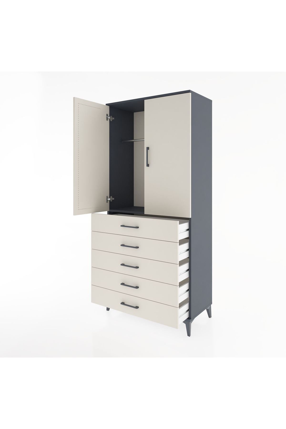 Hyperion Dolap Tek Raflı 5 Çekmeceli Tek Askılı 88x44x195 Antrasit-Aytaşı
