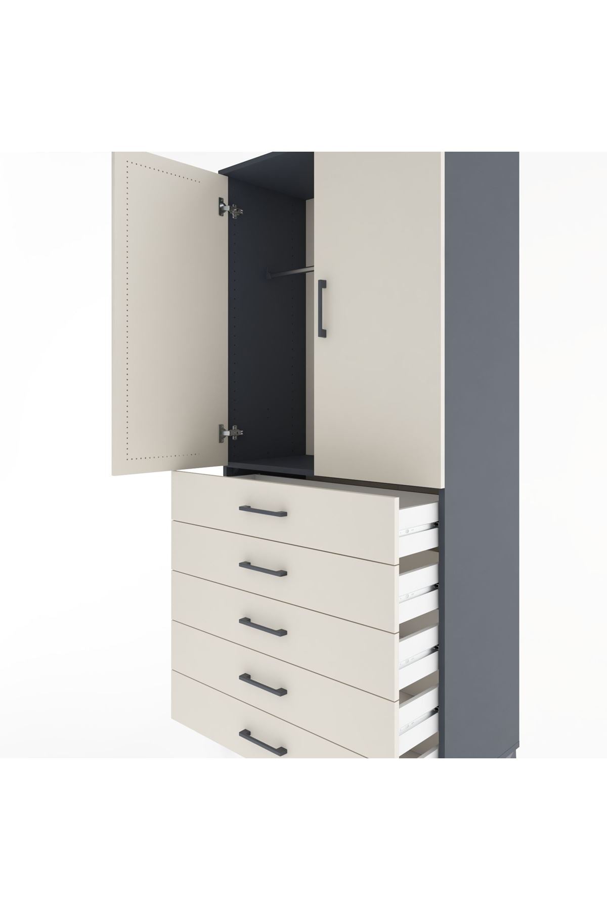 Hyperion Dolap Tek Raflı 5 Çekmeceli Tek Askılı 88x44x195 Antrasit-Aytaşı