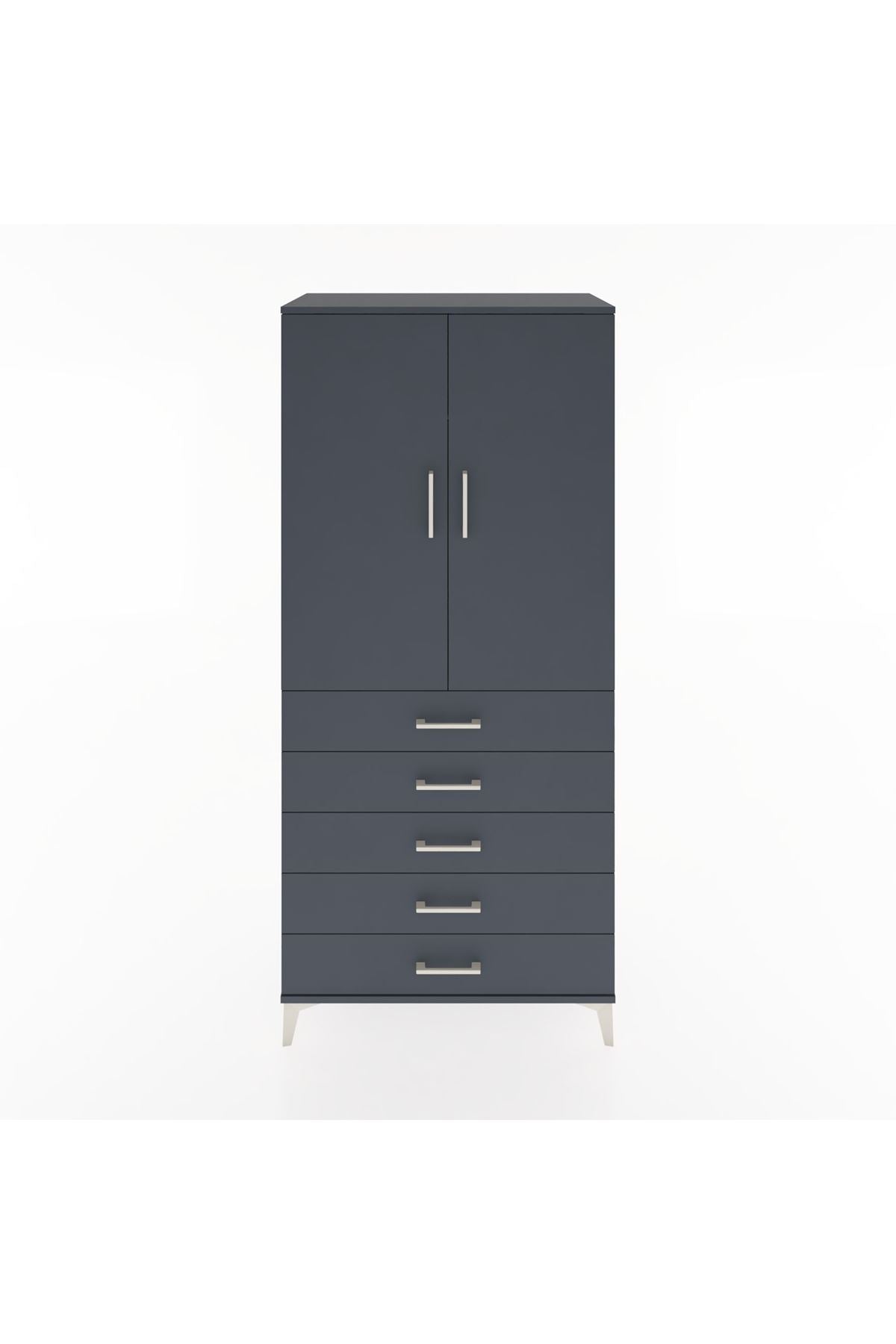 Hyperion Dolap Tek Raflı 5 Çekmeceli Tek Askılı 88x44x195 Antrasit-Antrasit