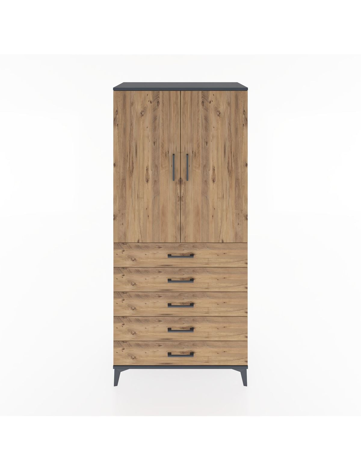 Hyperion Dolap Tek Raflı 5 Çekmeceli Tek Askılı 88x44x195 Antrasit-Çam