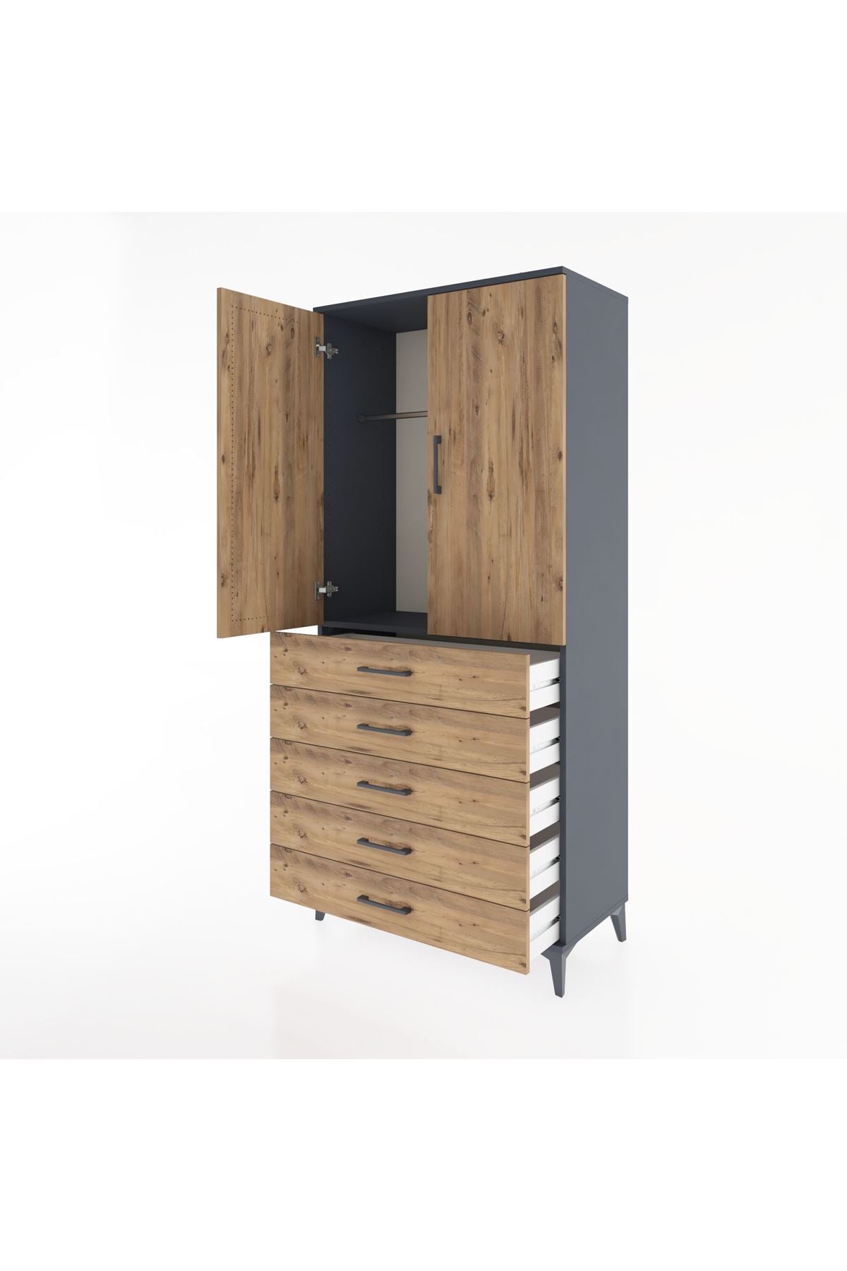 Hyperion Dolap Tek Raflı 5 Çekmeceli Tek Askılı 88x44x195 Antrasit-Çam