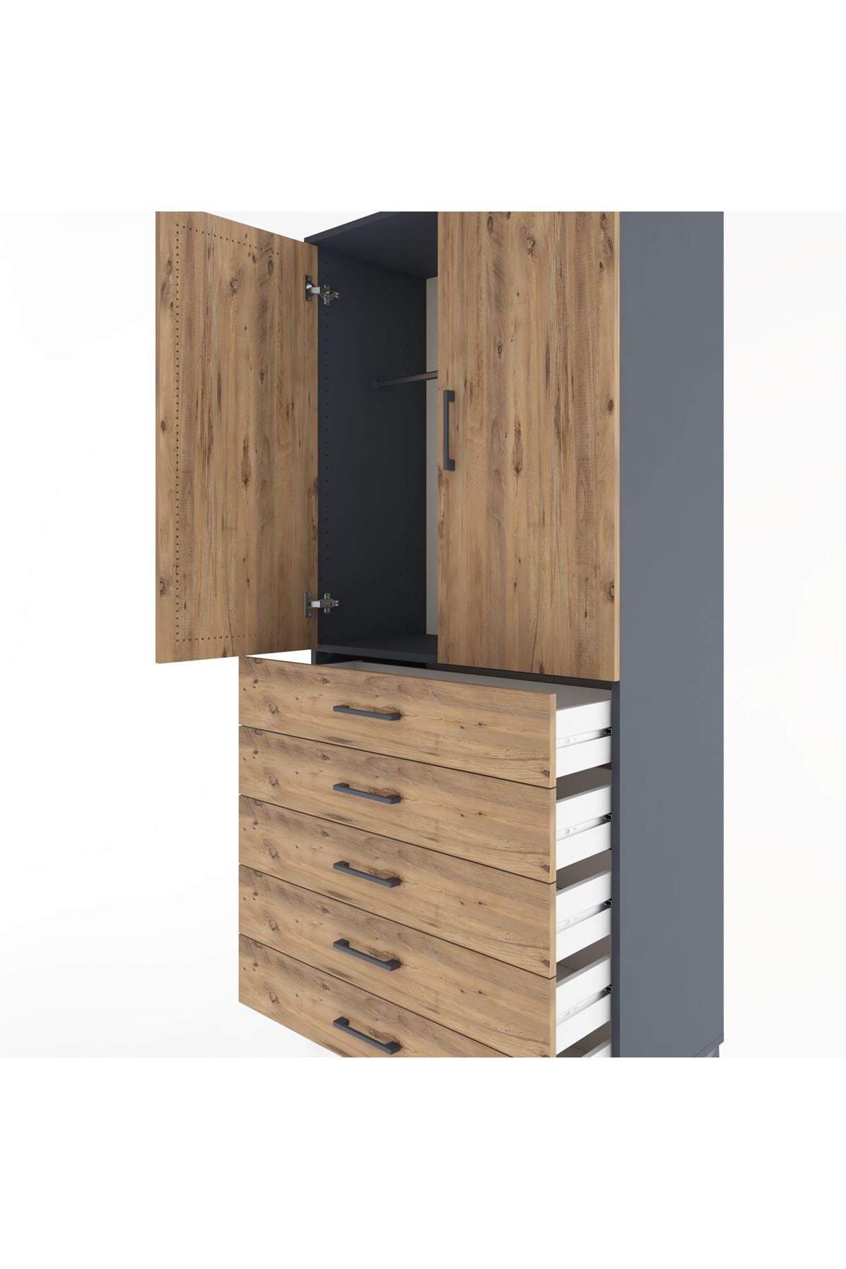 Hyperion Dolap Tek Raflı 5 Çekmeceli Tek Askılı 88x44x195 Antrasit-Çam