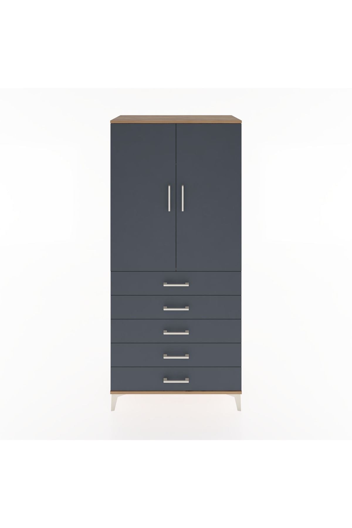 Hyperion Dolap Tek Raflı 5 Çekmeceli Tek Askılı 88x44x195 Çam-Antrasit