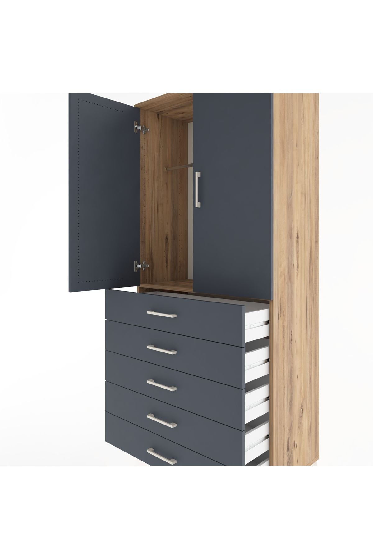 Hyperion Dolap Tek Raflı 5 Çekmeceli Tek Askılı 88x44x195 Çam-Antrasit