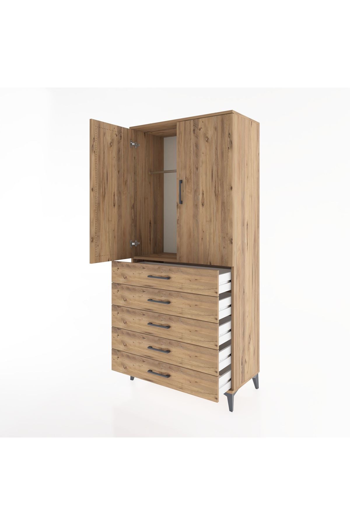 Hyperion Dolap Tek Raflı 5 Çekmeceli Tek Askılı 88x44x195 Çam-Çam