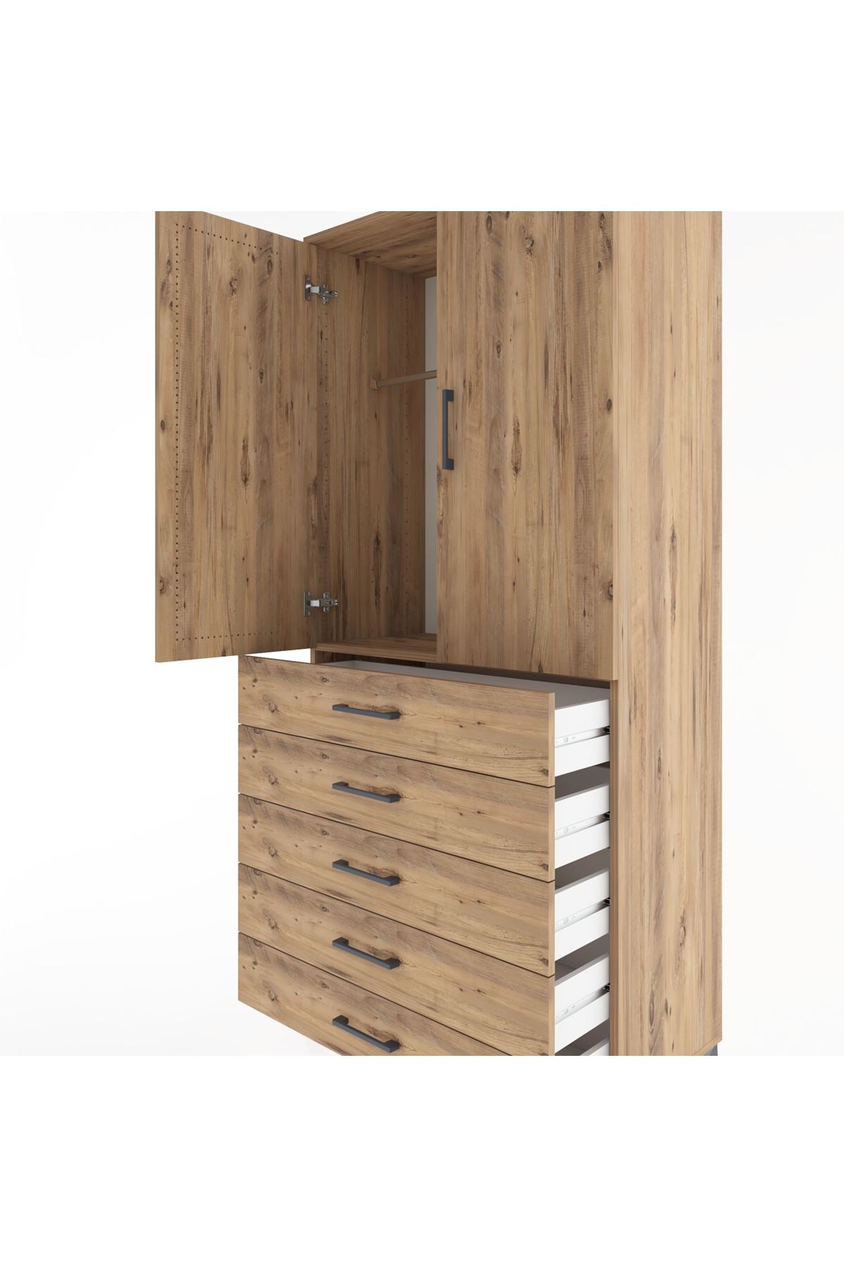 Hyperion Dolap Tek Raflı 5 Çekmeceli Tek Askılı 88x44x195 Çam-Çam