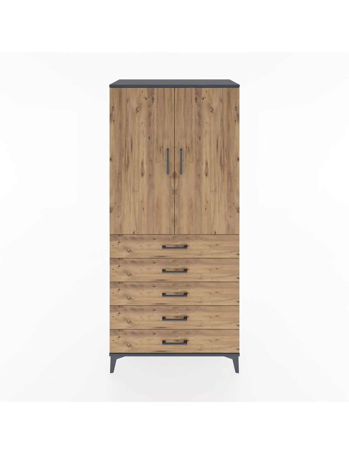 Hyperion Dolap 3 Raflı 5 Çekmeceli 2 Kapaklı 88x44x195 Antrasit-Çam